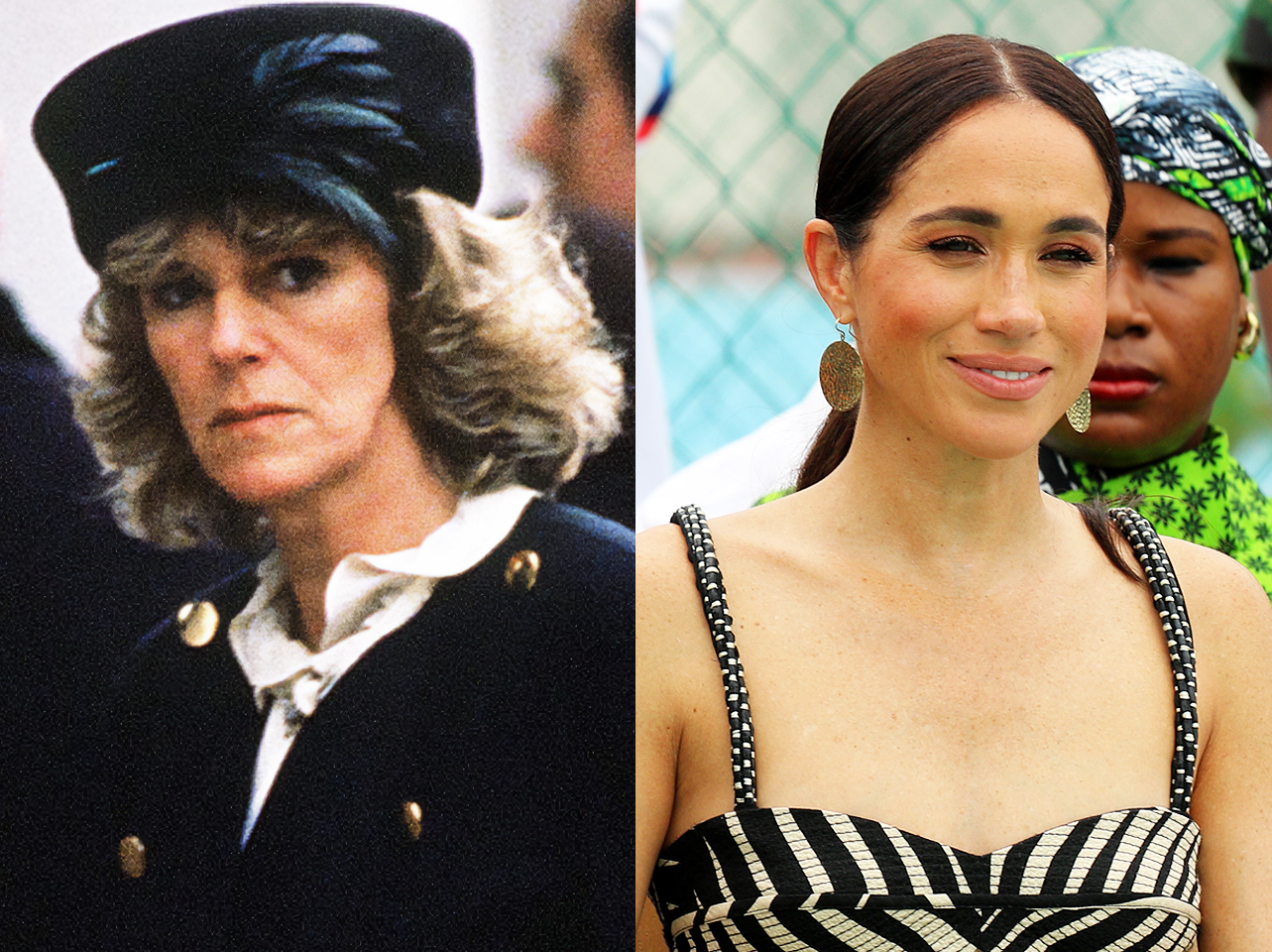 Königin Camilla und Meghan Markle in ihren 40ern nebeneinander. | Quelle: Getty Images