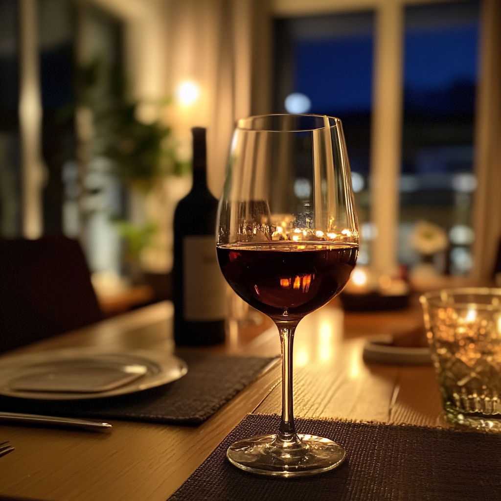 Ein Glas Wein auf einem Esstisch | Quelle: Midjourney