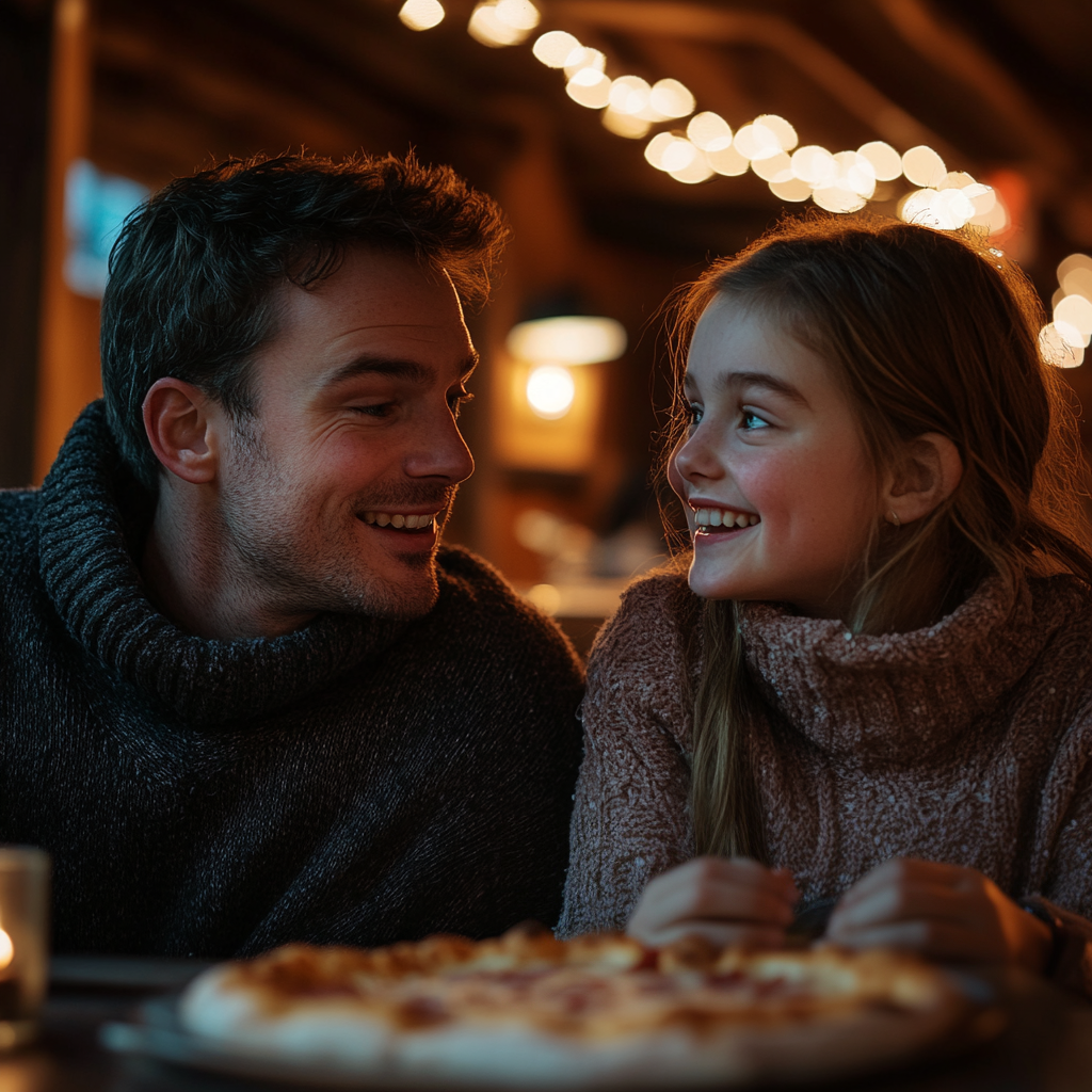 Ein Vater-Tochter-Duo beim Pizzaessen | Quelle: Midjourney