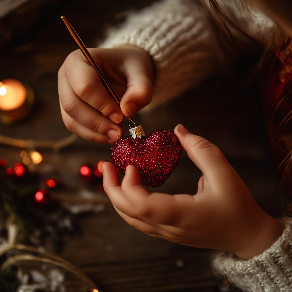 Ein kleines Mädchen bastelt einen glitzernden Weihnachtsschmuck | Quelle: Midjourney