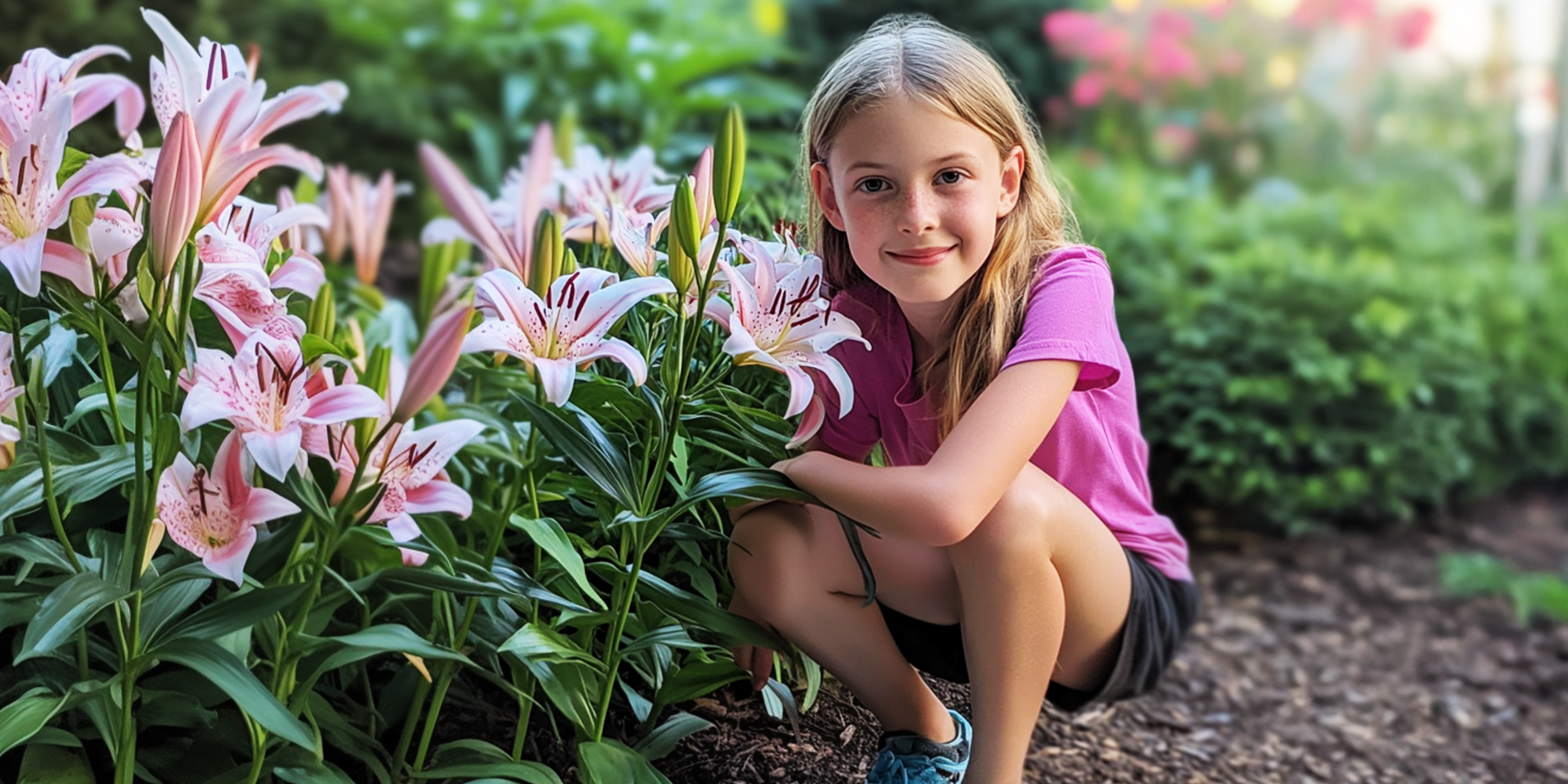 Ein Mädchen hockt neben Lilien in einem Garten | Quelle: Amomama