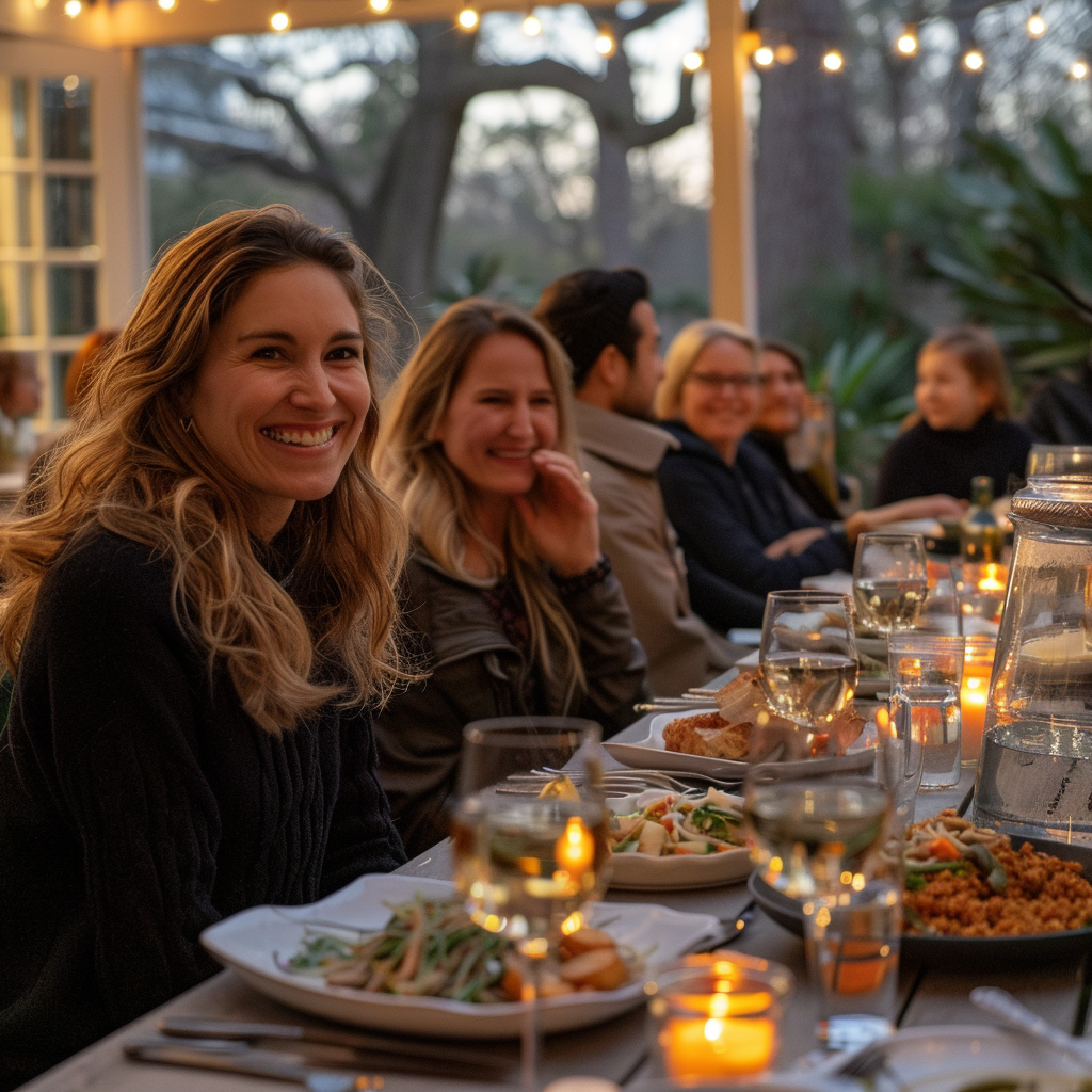 Menschen, die das Abendessen bei einem Familientreffen genießen | Quelle: Midjourney