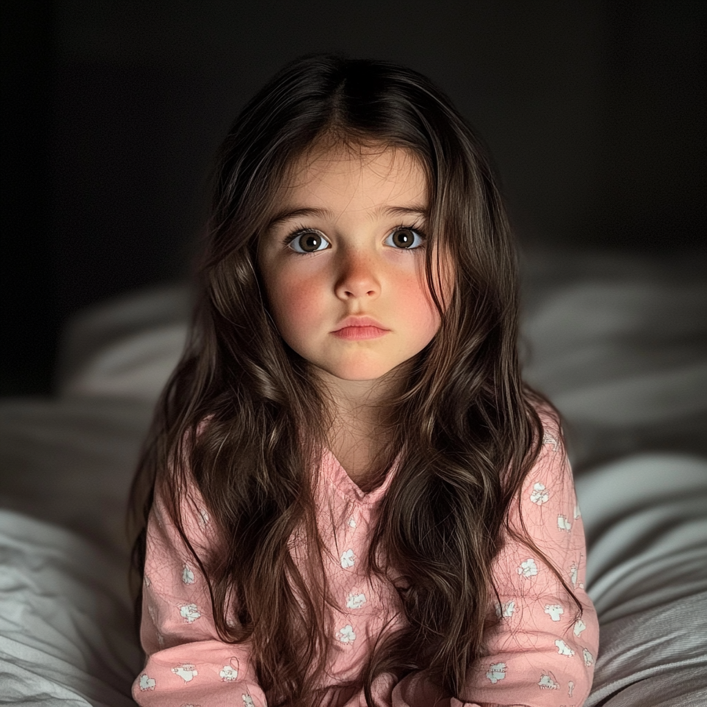 Ein kleines Mädchen sitzt auf einem Bett | Quelle: Midjourney