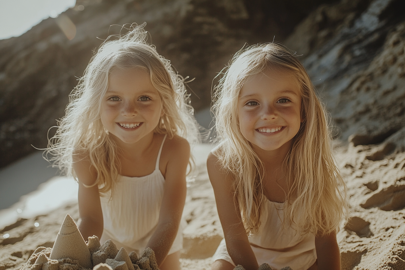 Blonde Zwillingsmädchen, 5 Jahre alt, lächelnd und bauen eine Sandburg am Strand | Quelle: Midjourney