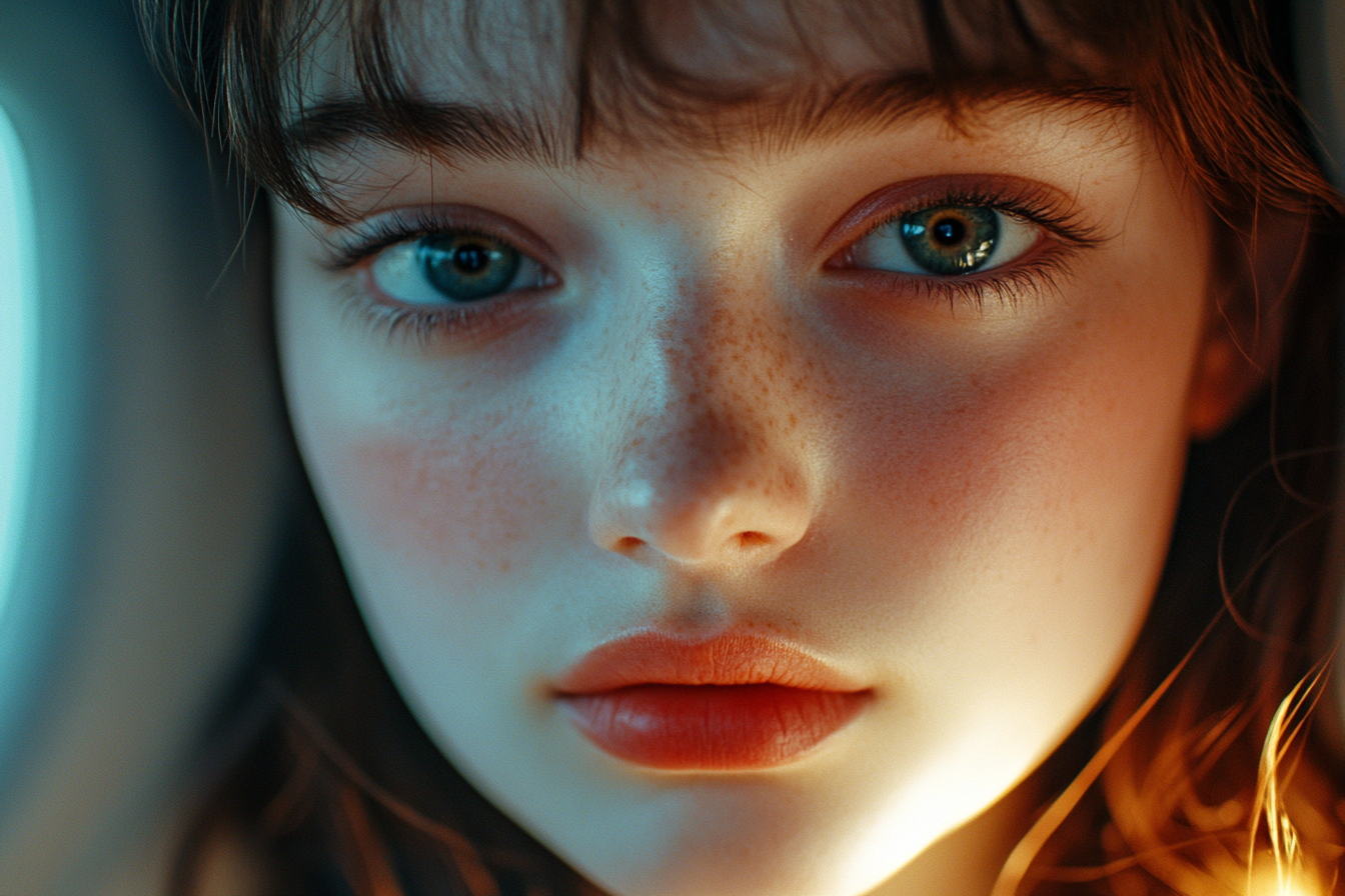 A close-up of a woman in an airplane looking straight ahead | Source: Midjourney