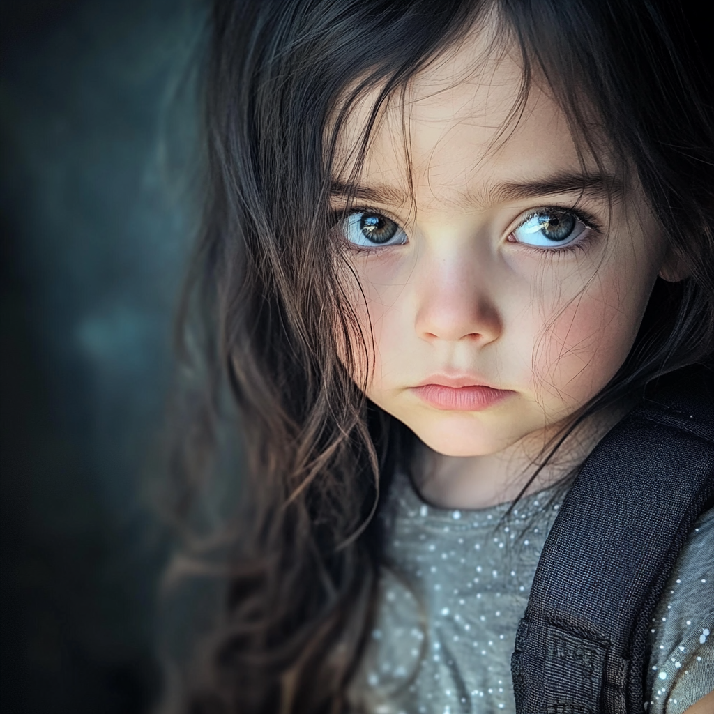 Ein trauriges kleines Mädchen mit einem Rucksack auf den Schultern | Quelle: Midjourney