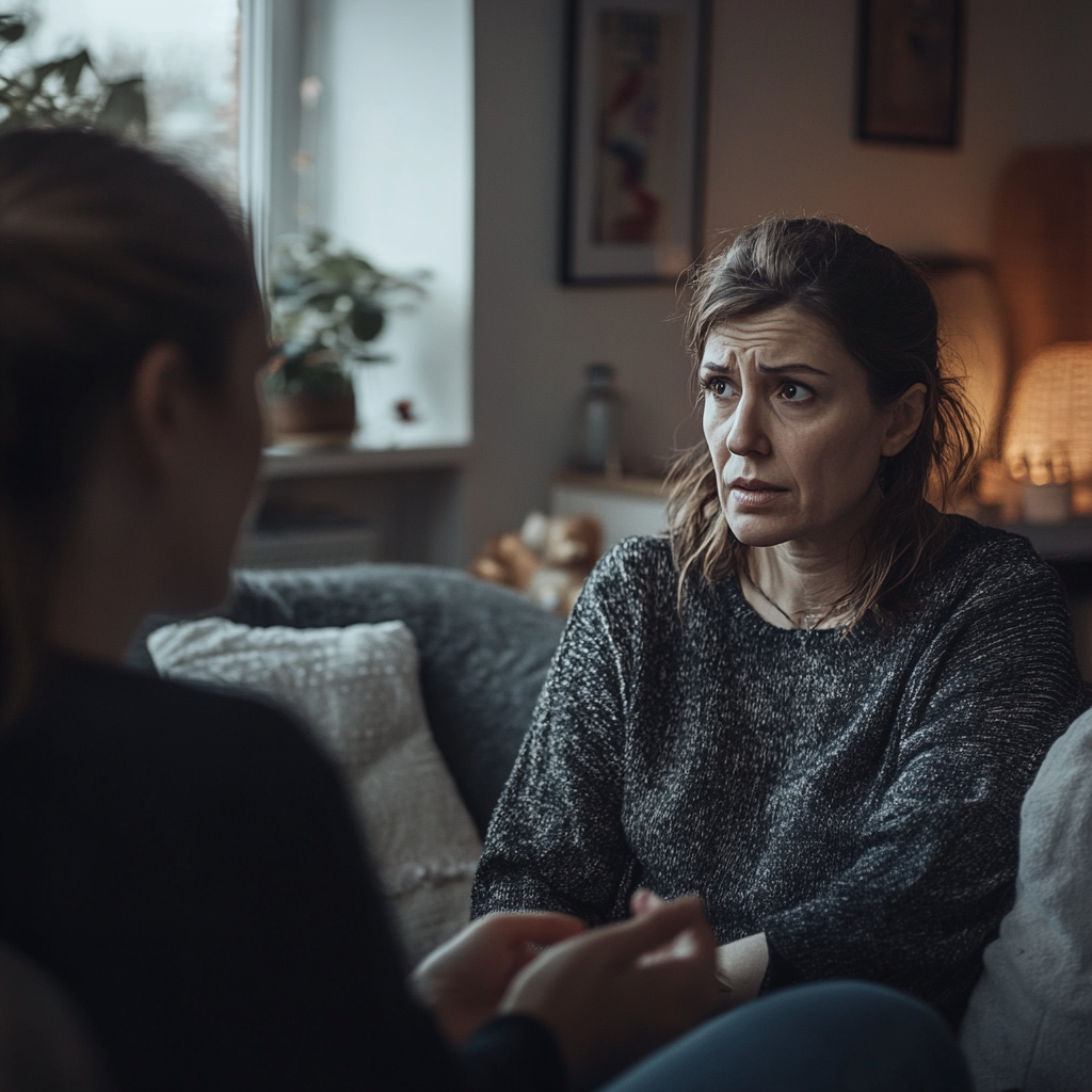 Eine Frau spricht mit ihrer Schwester im Wohnzimmer ⏐ Quelle: Midjourney