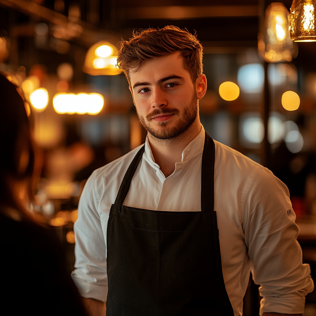 Ein Kellner sieht ruhig und gelassen aus, während er in einem Restaurant steht | Quelle: Midjourney