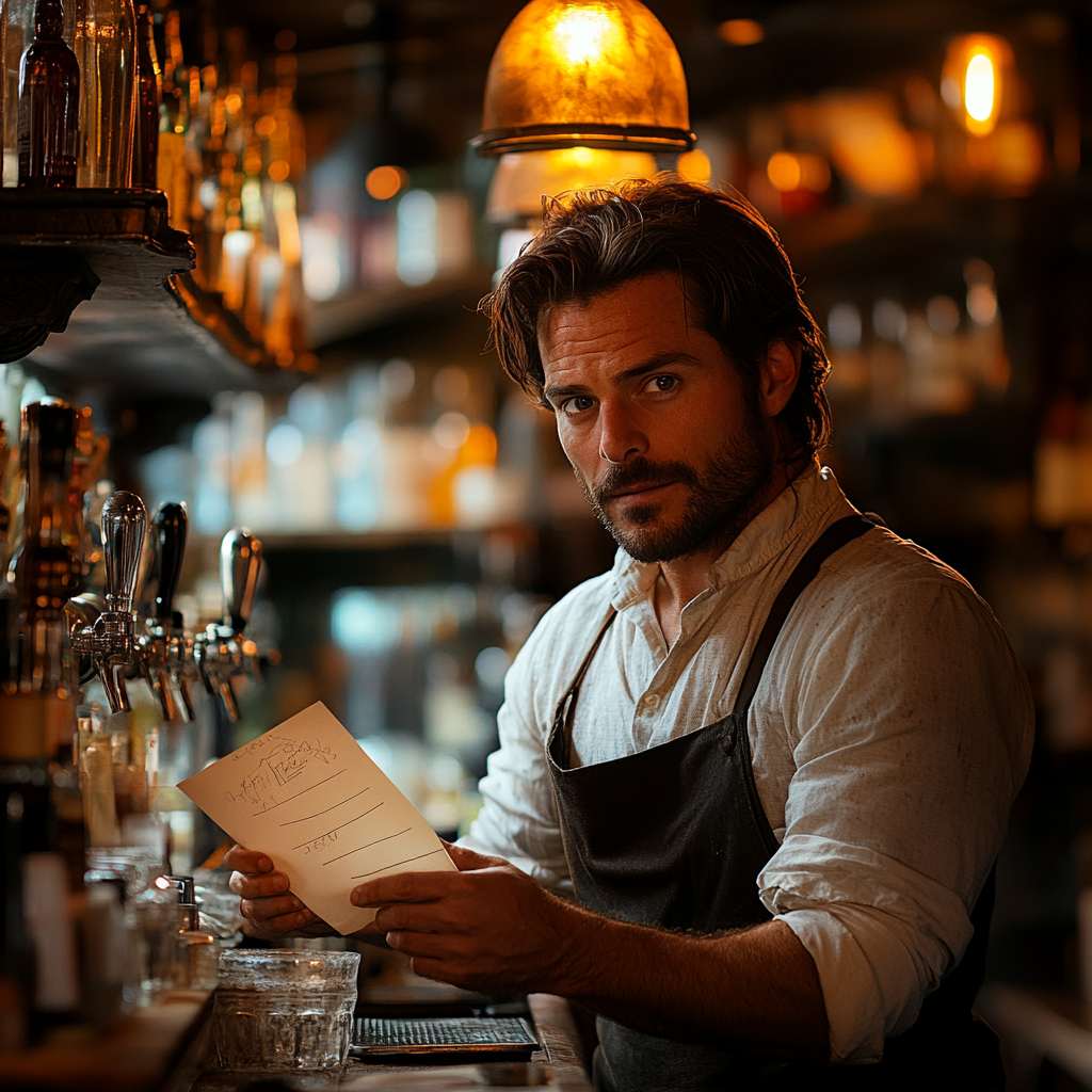 Der Barkeeper hält einen Zettel in der Hand | Quelle: Midjourney