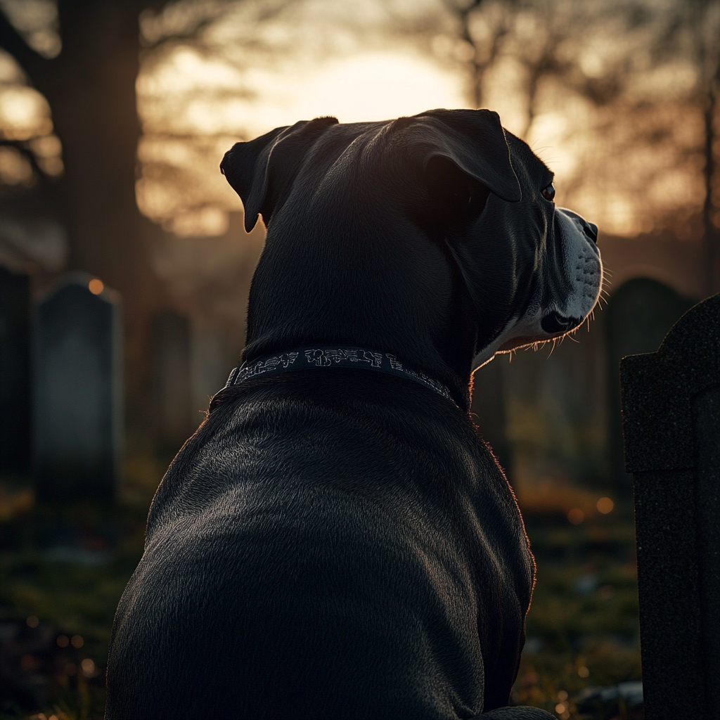 Ein trauernder Pitbull sitzt auf einem Friedhof | Quelle: Midjourney