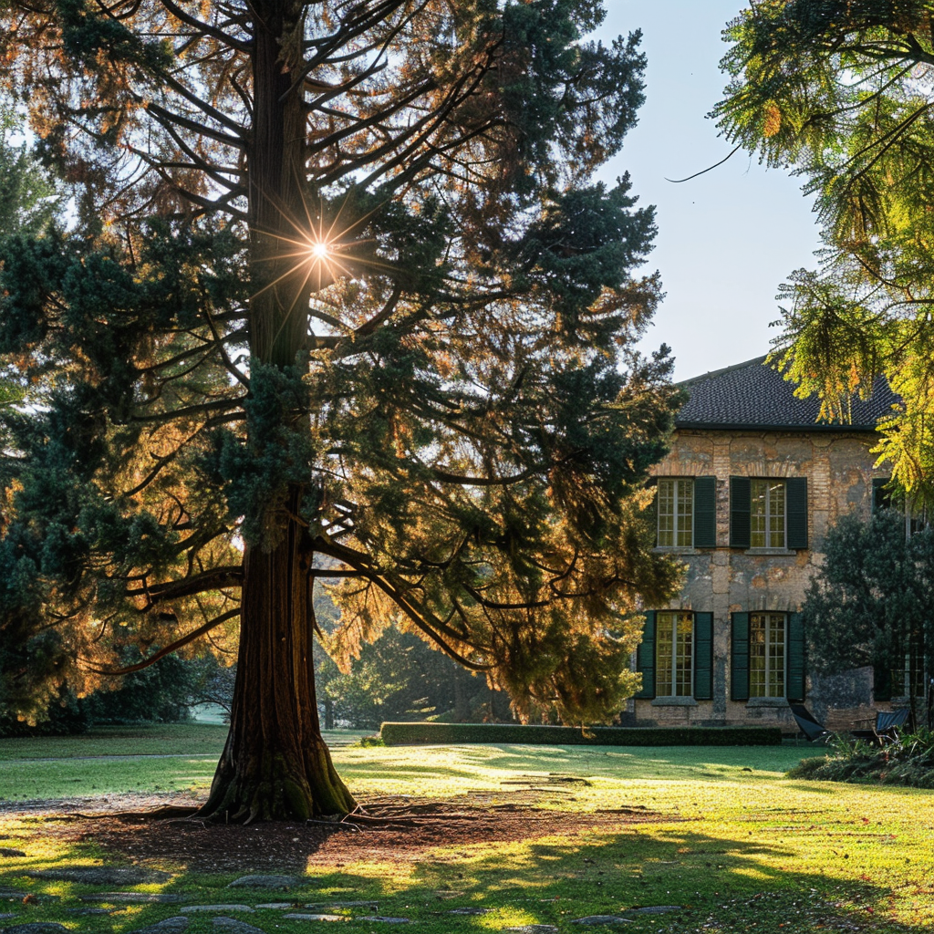 Ein hoher schattiger Baum mit Blick auf ein Haus | Quelle: Midjourney