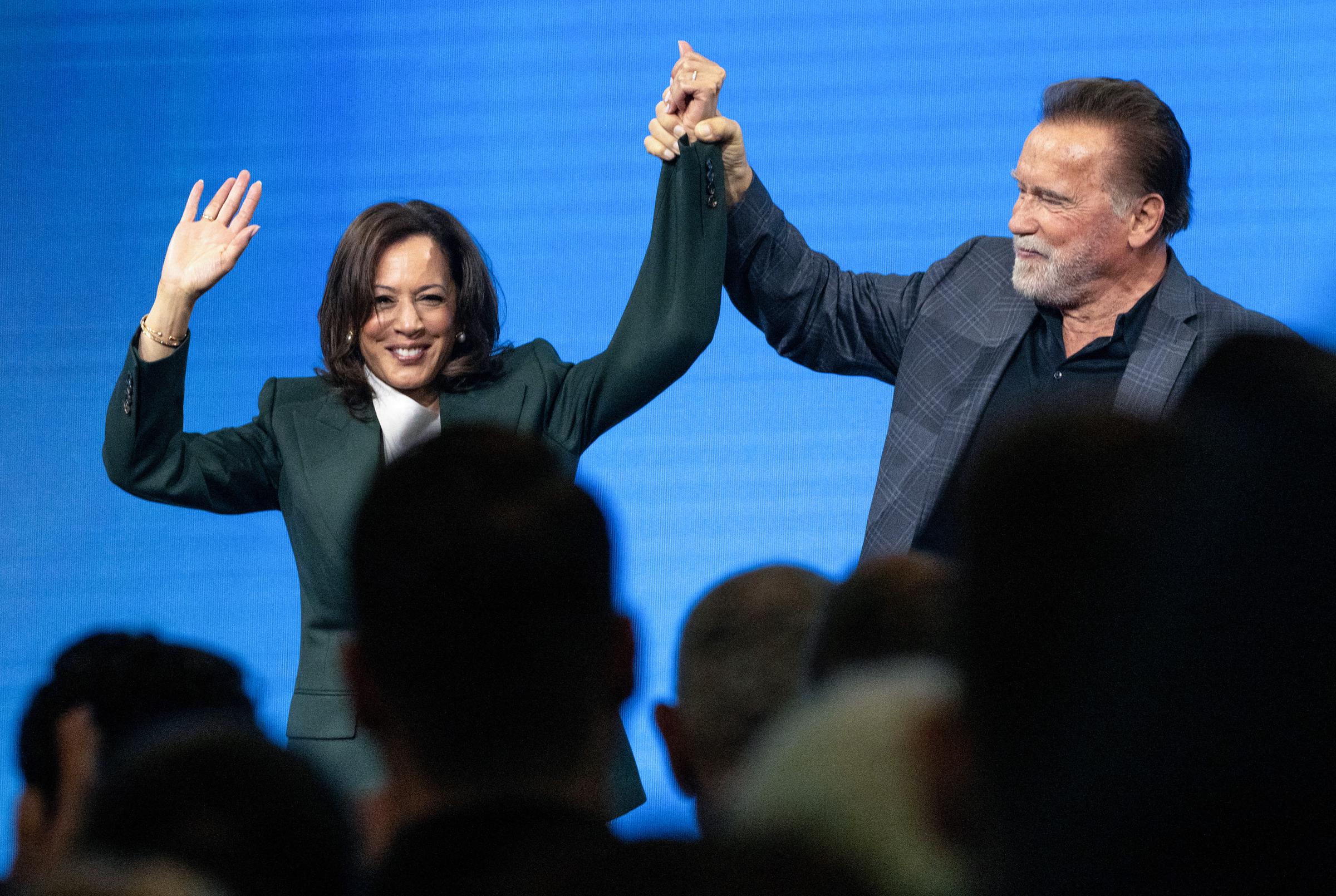 Auch der ehemalige Vizepräsident war bei der Veranstaltung dabei. Bei dieser Veranstaltung äußerten sich der amerikanisch-österreichische Schauspieler und ehemalige Gouverneur von Kalifornien, Arnold Schwarzenegger, sowie Kamala Harris am Ende einer Podiumsdiskussion im Rahmen des Austrian World Summit der Schwarzenegger Climate Initiative am 16. Juni 2026 in Wien, Österreich. | Quelle: Getty Images