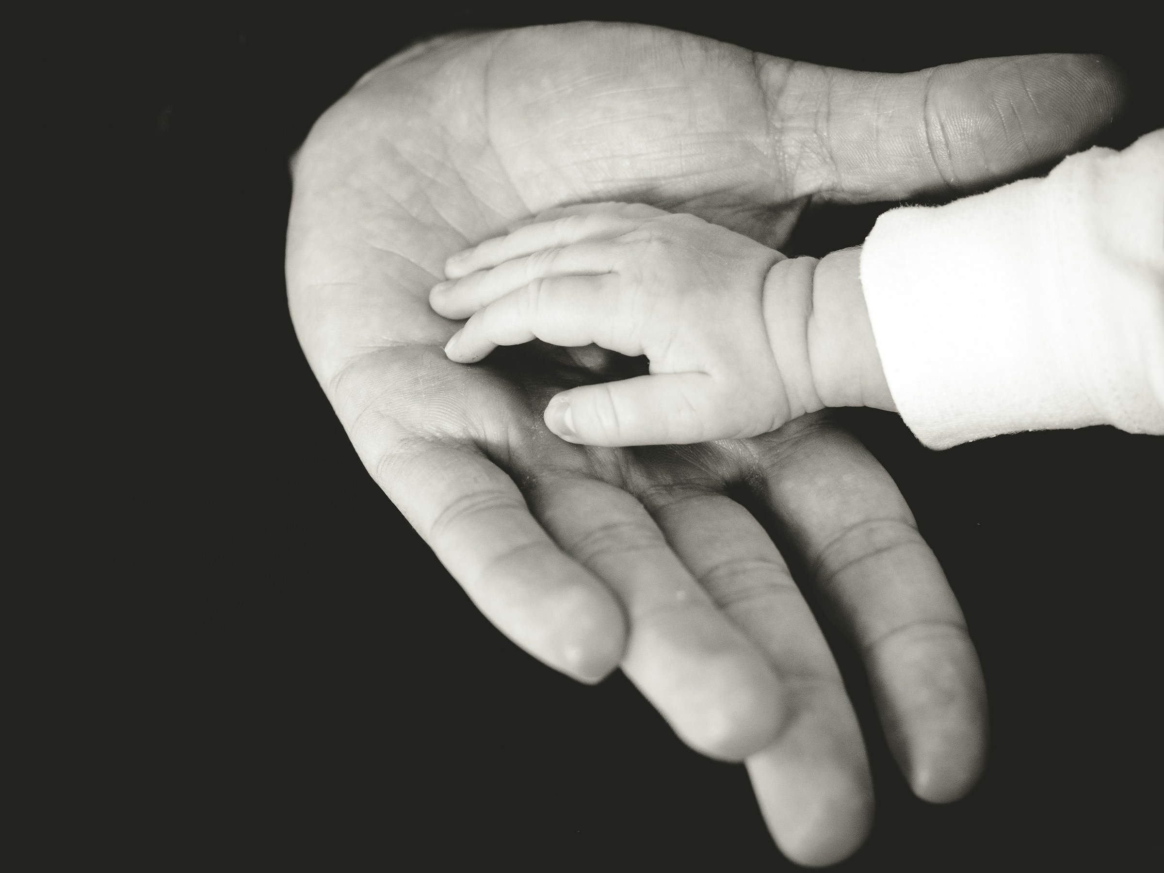 Ein Graustufenfoto, auf dem ein Elternteil die Hand seines Babys hält | Quelle: Unsplash