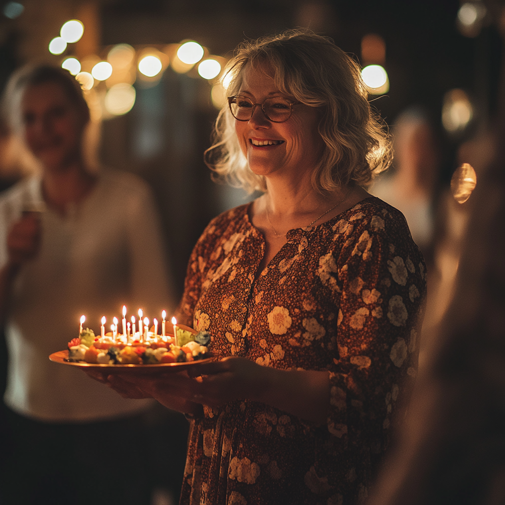 Ältere Frau, die ihren Geburtstag feiert | Quelle: Midjourney