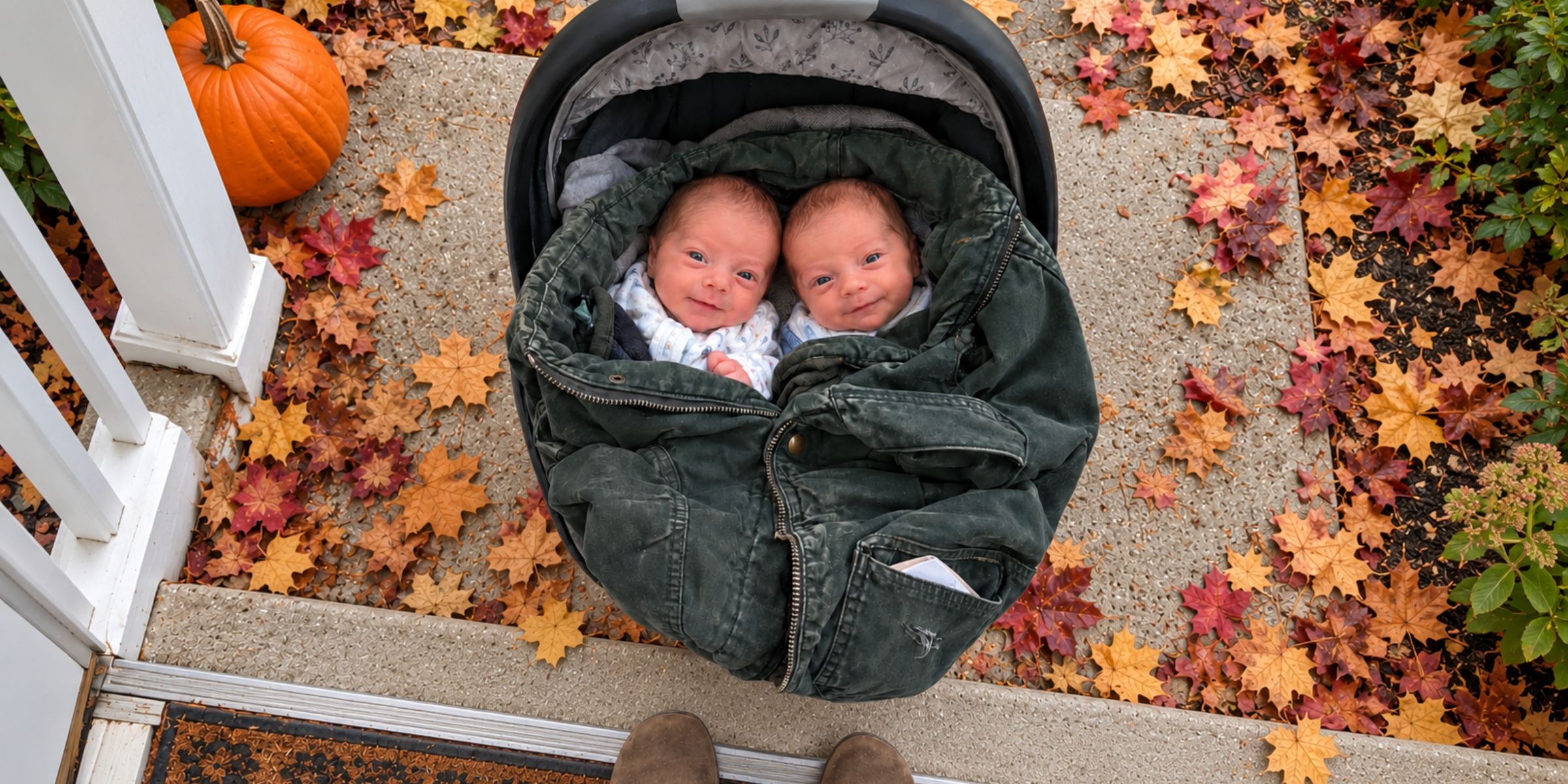 Zwillingsbabys in einer Babytrage auf einer Veranda | Quelle: Womanlylive