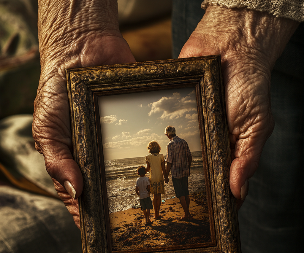 Eine ältere Dame hält ein gerahmtes Foto eines jungen Paares mit einem kleinen Jungen in der Hand | Quelle: Midjourney