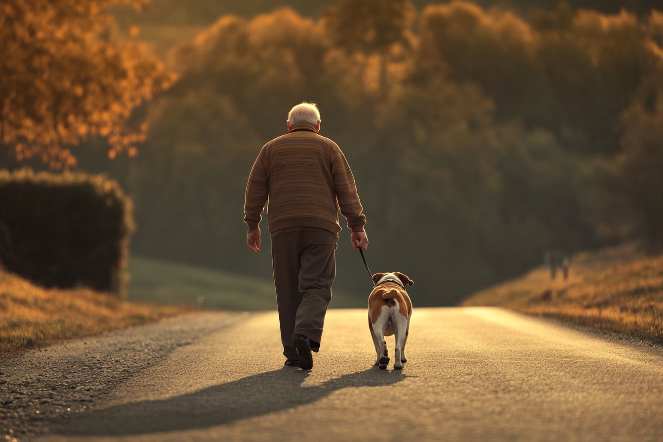 Ein älterer Mann geht mit seinem Hund auf der Straße spazieren | Quelle: Midjourney