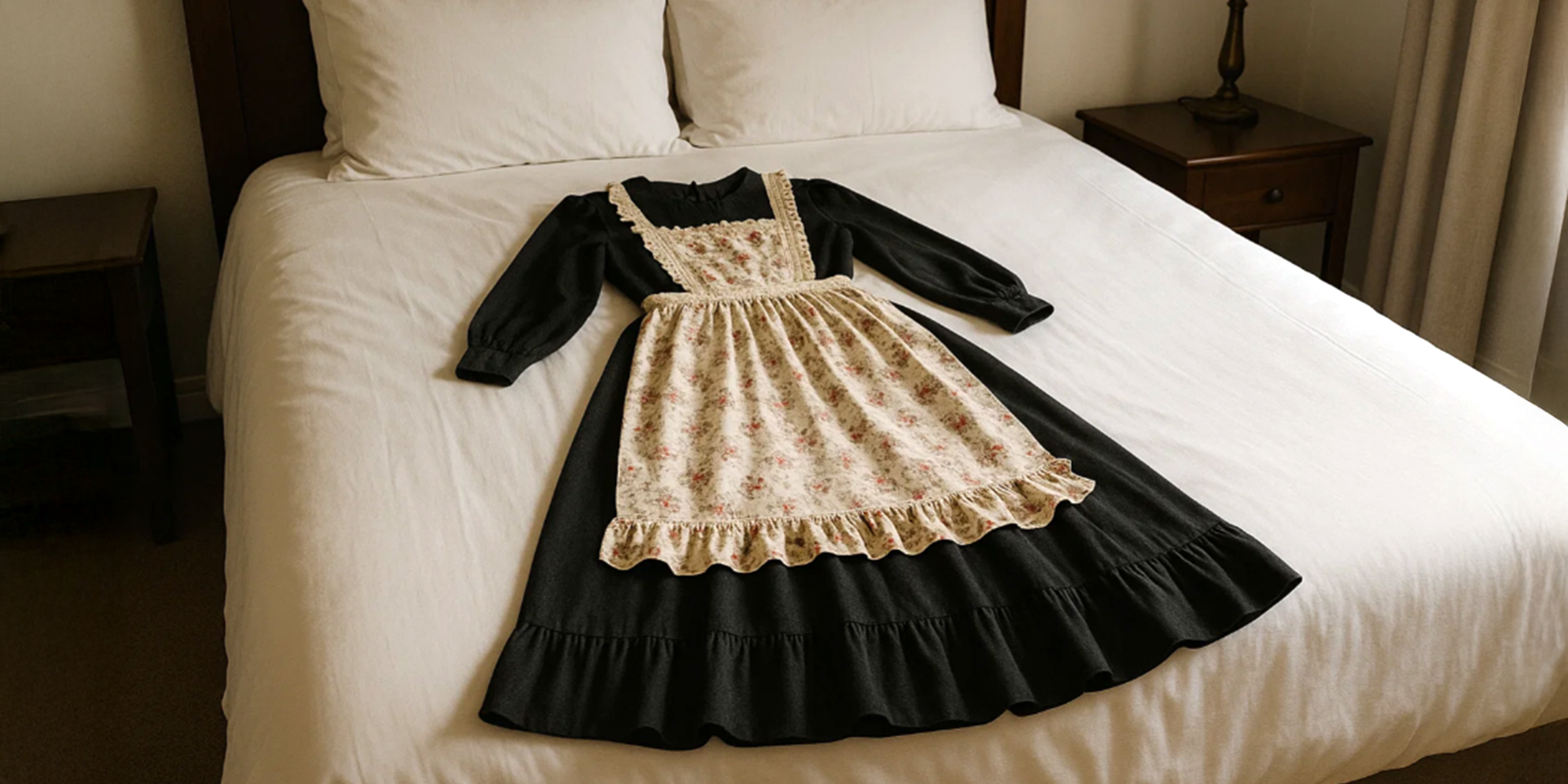 Ein schwarzes Kleid und eine gerüschte Schürze, die auf einem Bett ausgebreitet sind | Quelle: The Celebritist