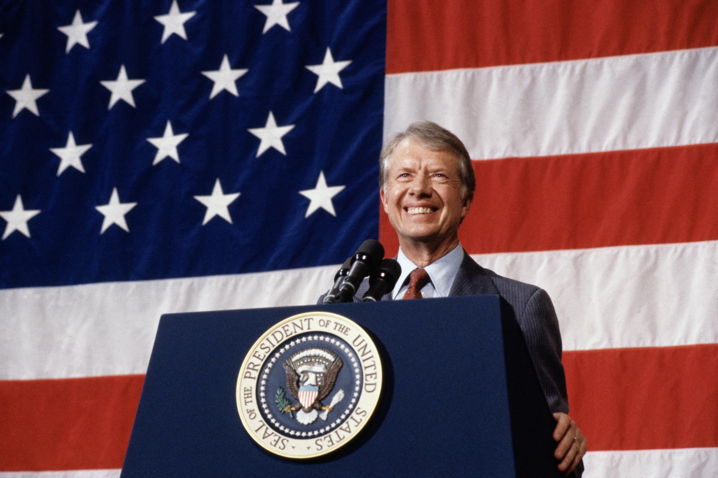 Präsident Jimmy Carter bei einer Stadtversammlung in Elk City, Oklahoma, März 1979. | Quelle: Getty Images