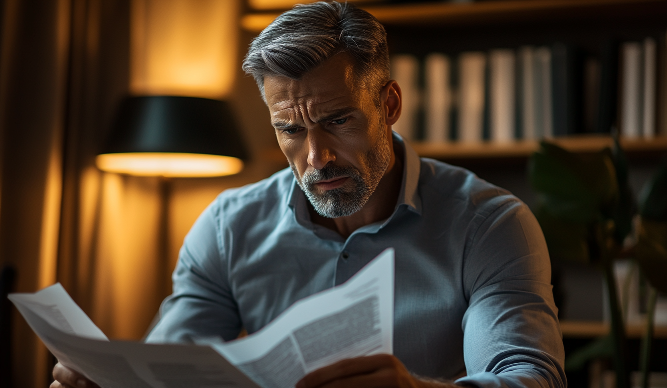 Ein Mann in einem Home Office, Dokumente in der Hand | Quelle: Midjourney