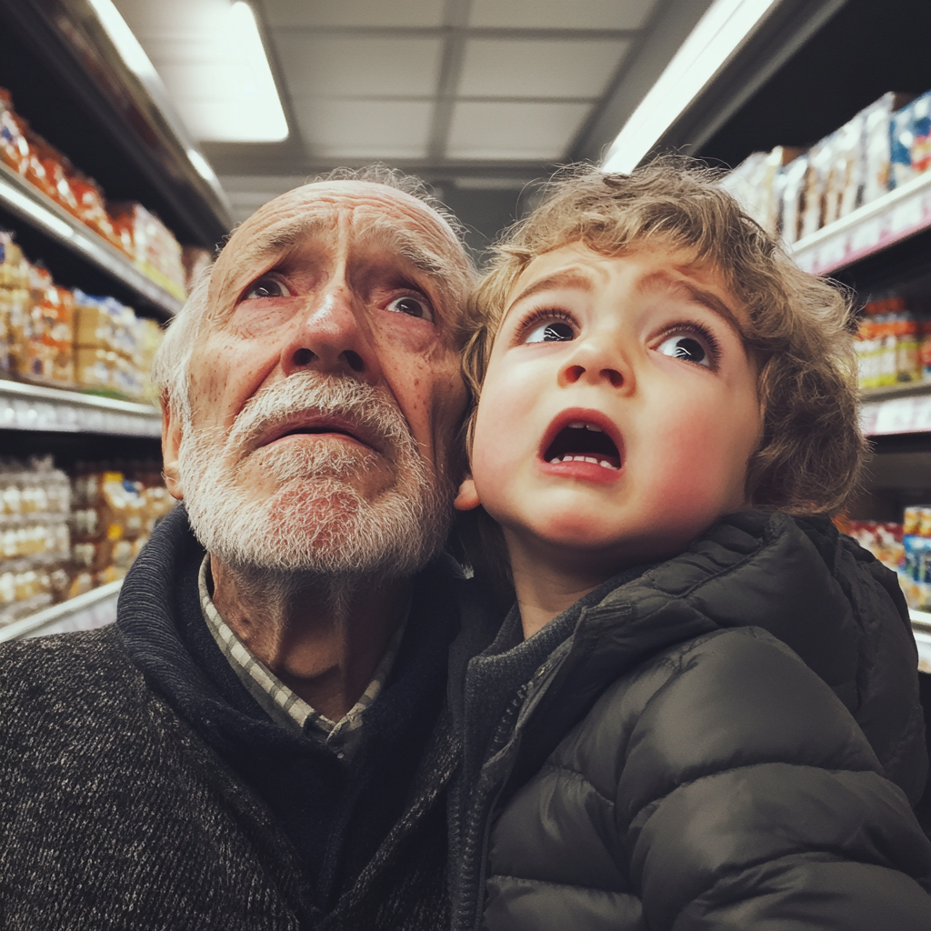 Ein alter Mann und sein Enkel in einem Supermarkt | Quelle: Midjourney