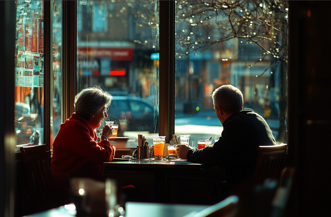 Eine reife Frau und ein jüngerer Mann bei einem Date | Quelle: Midjourney