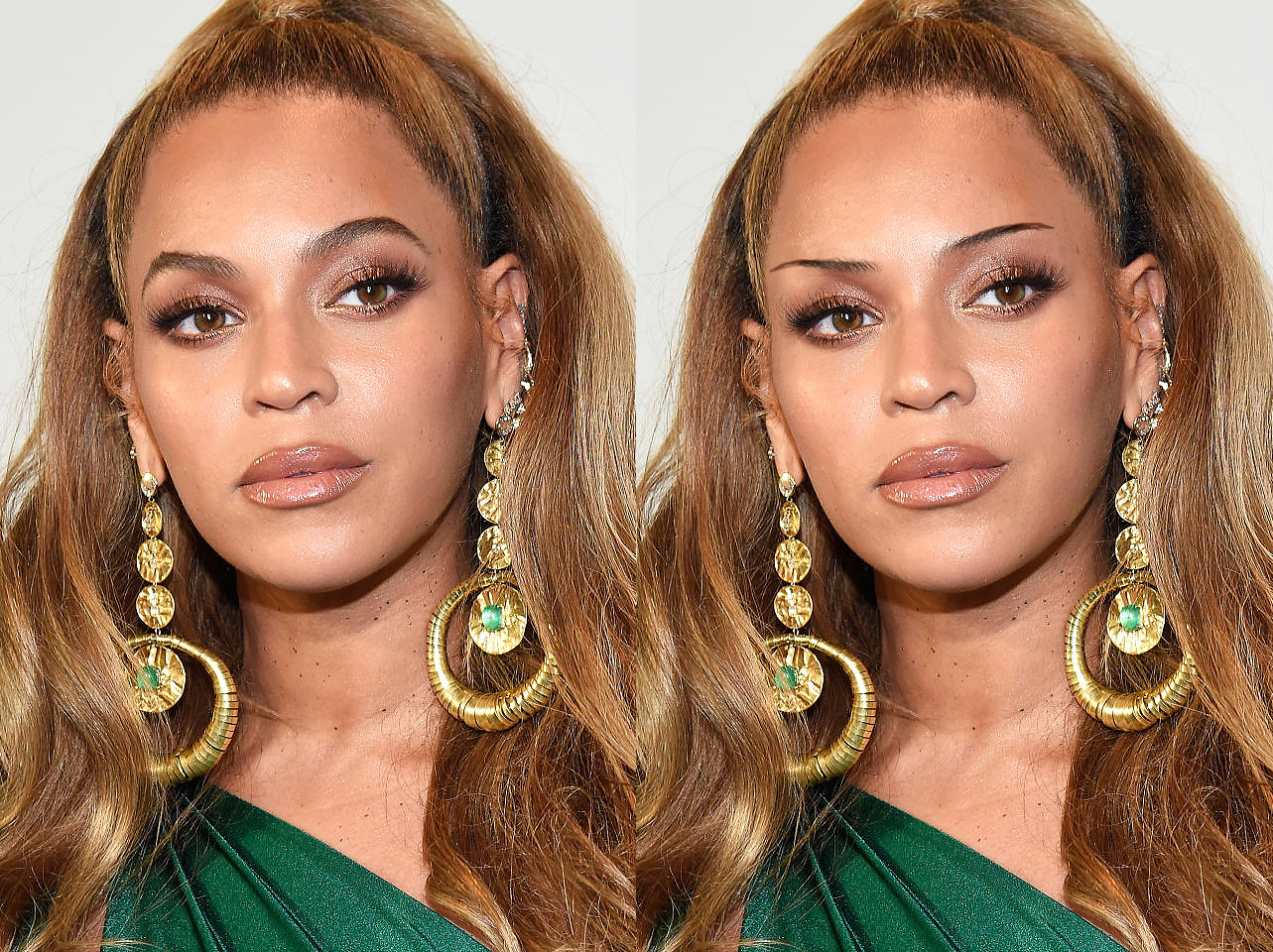 Beyonces charakteristische Augenbrauen von 2017 im Vergleich zu einem digital bearbeiteten dünnen Brauen-Look | Quelle: Getty Images