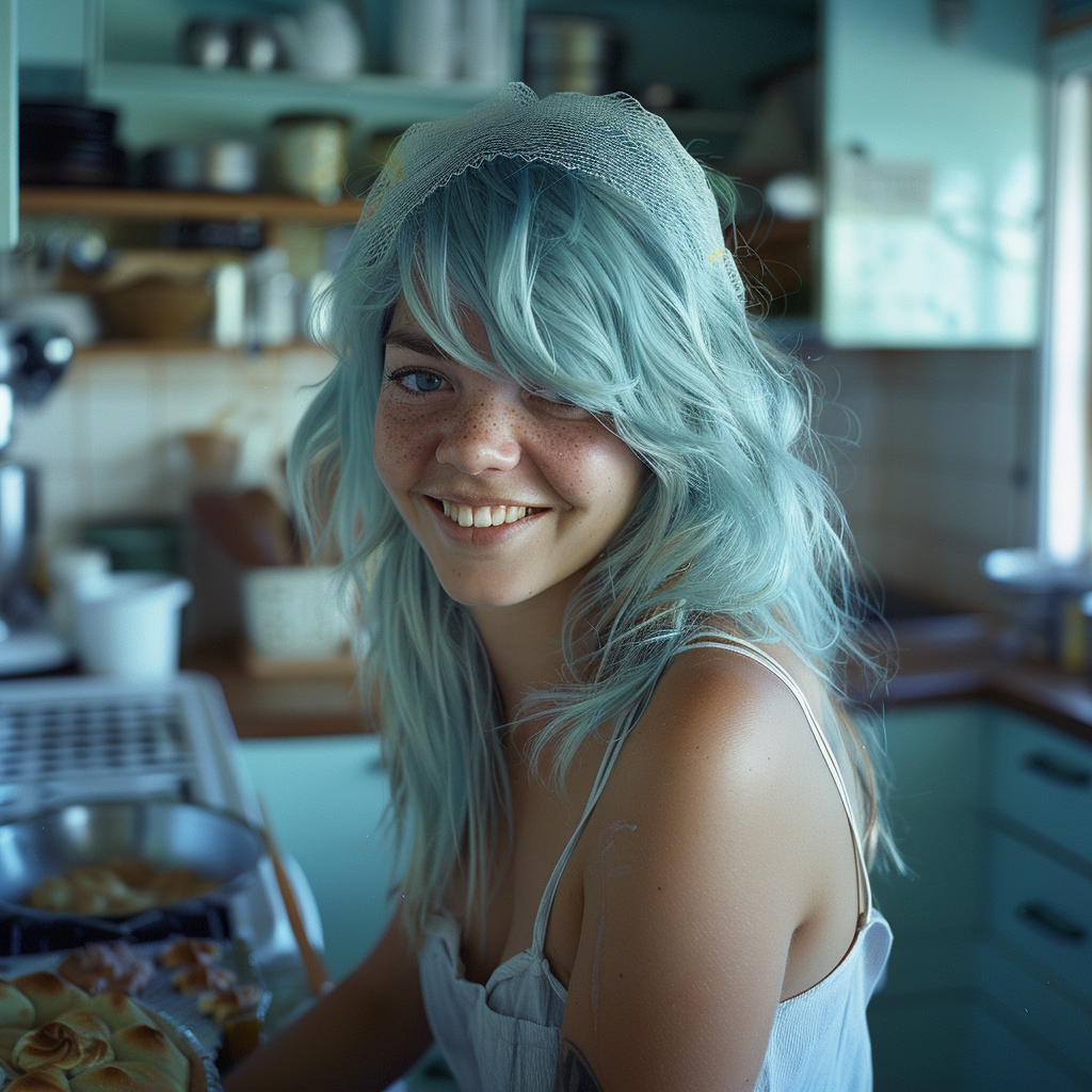 Eine glückliche Frau mit blauen Haaren in einer Bäckerei | Quelle: Midjourney