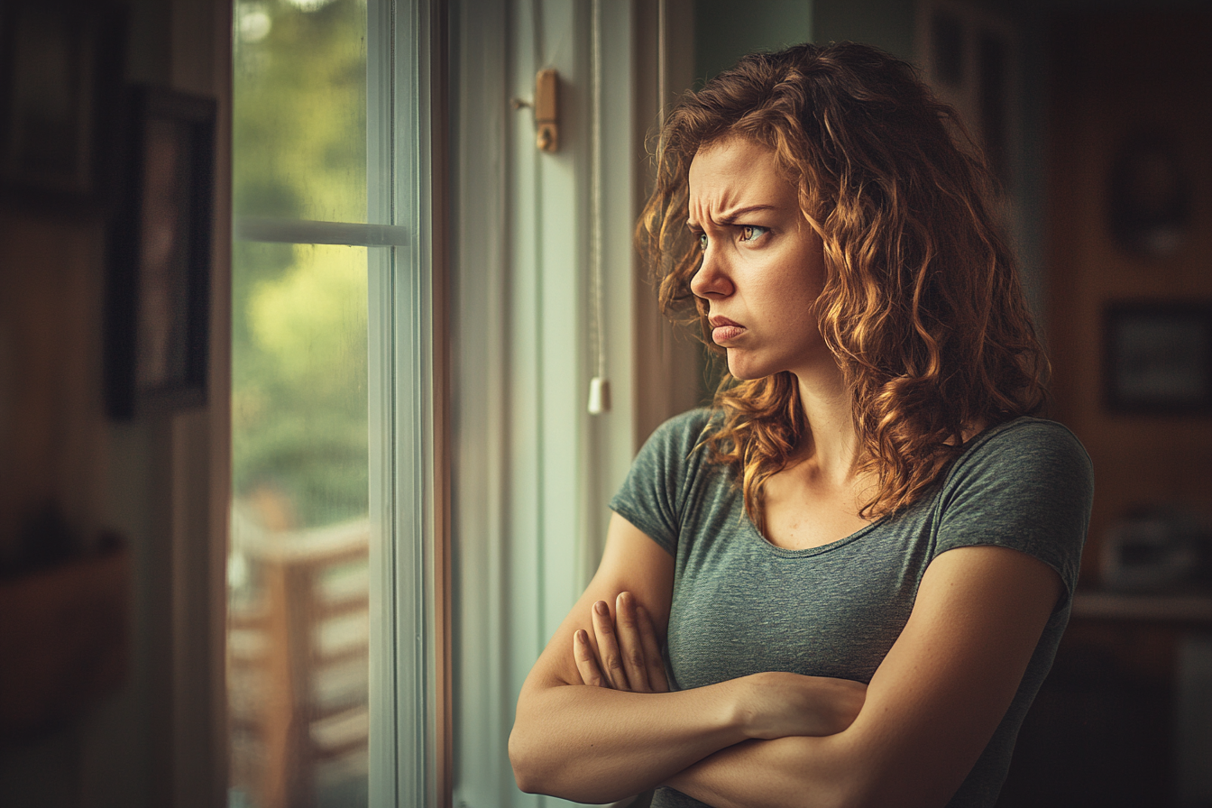 Frau mit verschränkten Armen, die wütend aus dem Fenster starrt | Quelle: Midjourney