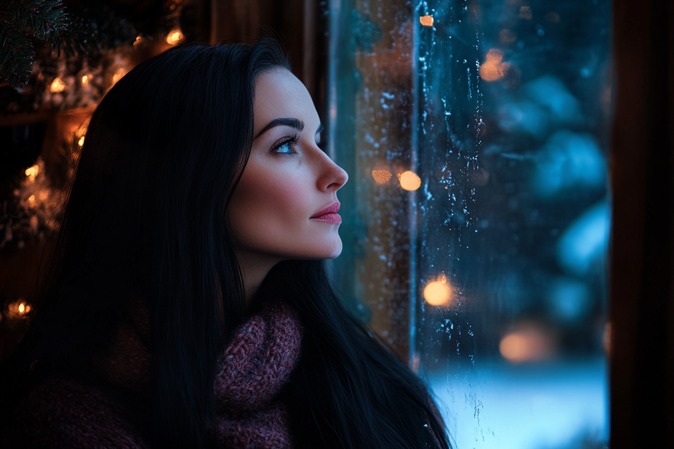 Eine Frau blickt aus dem Fenster auf einen verschneiten Hof | Quelle: Midjourney