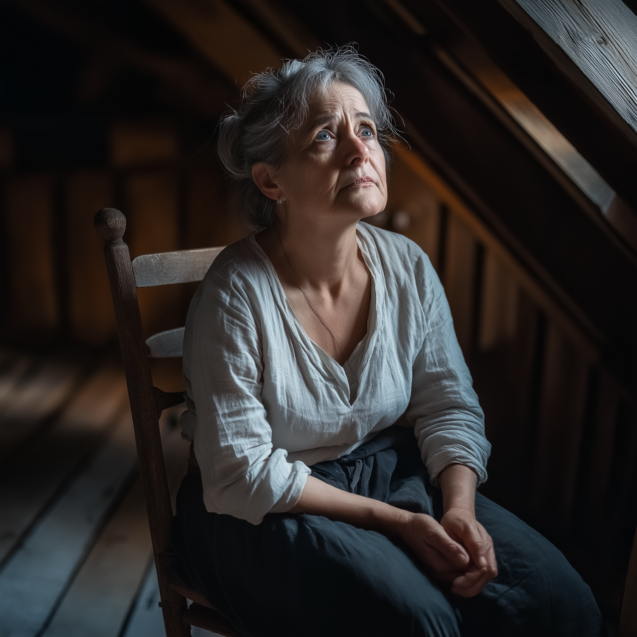 Eine Frau mittleren Alters sitzt auf einem Dachboden | Quelle: Midjourney