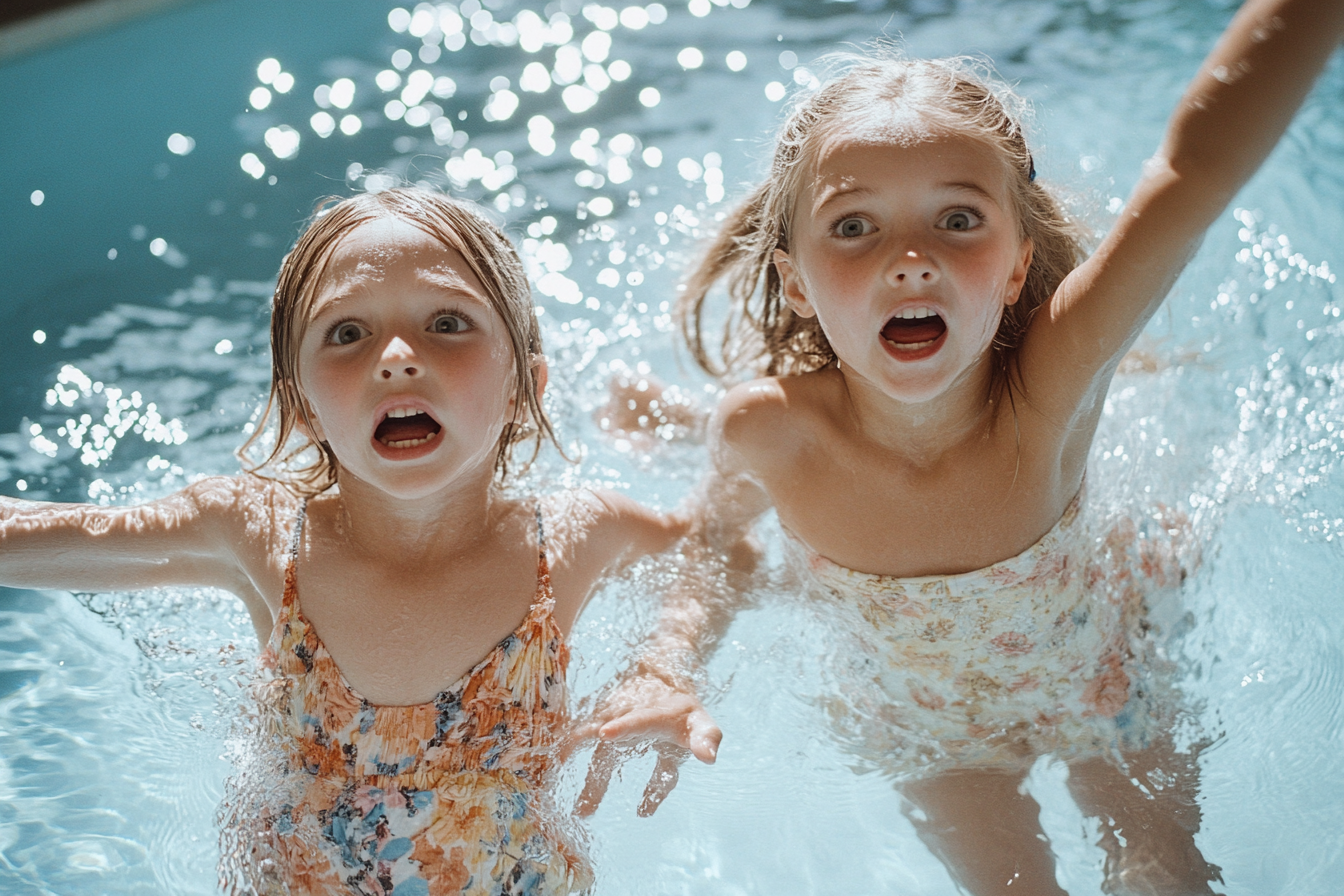 Kinder mit schockierenden Gesichtsausdrücken verlieren das Gleichgewicht und fallen in einen Pool, wobei ihre Arme in der Luft herumfuchteln. | Quelle: Midjourney