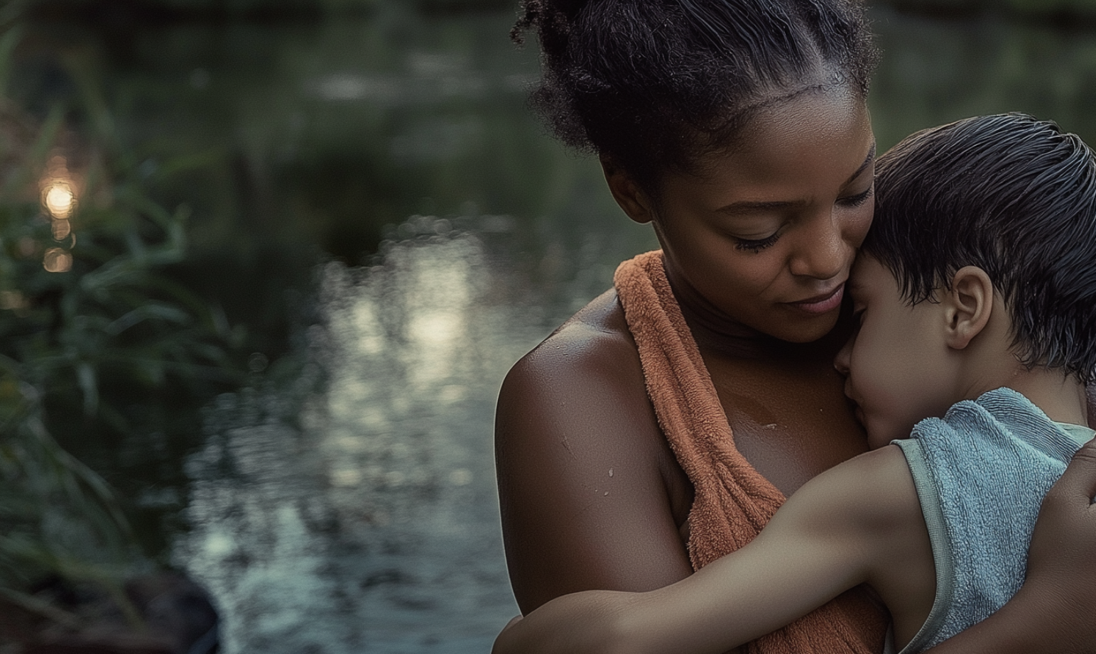 Eine Frau, die ihr Kind in der Nähe eines Teiches umarmt | Quelle: Midjourney