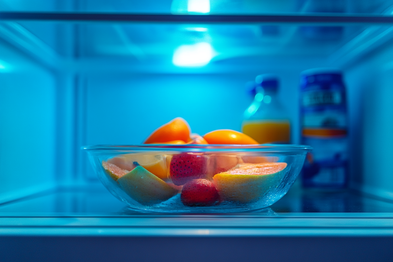 Frutas fatiadas em uma tigela na geladeira | Fonte: Midjourney