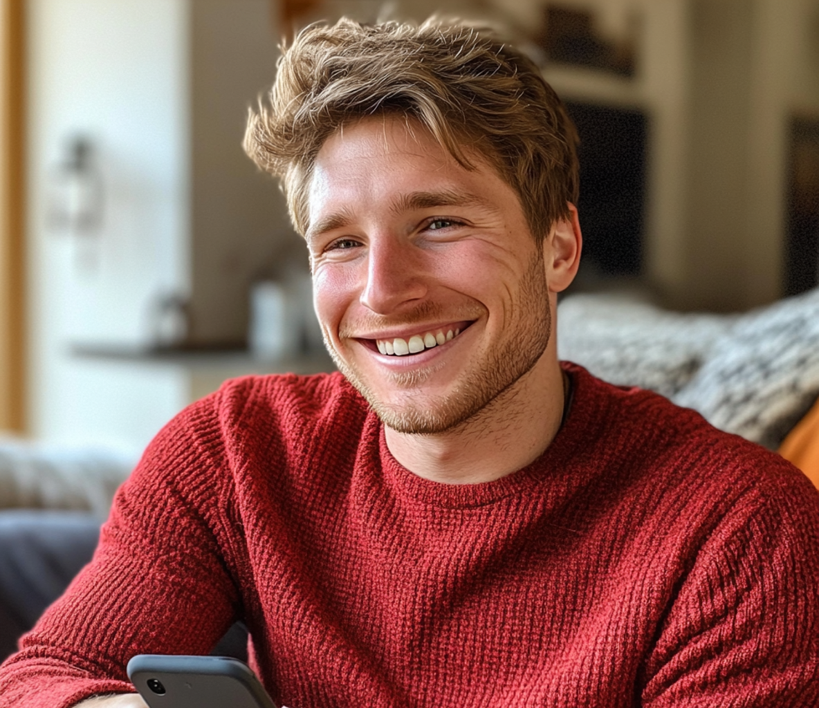 Ein lächelnder Mann mit einem roten Pullover | Quelle: Midjourney