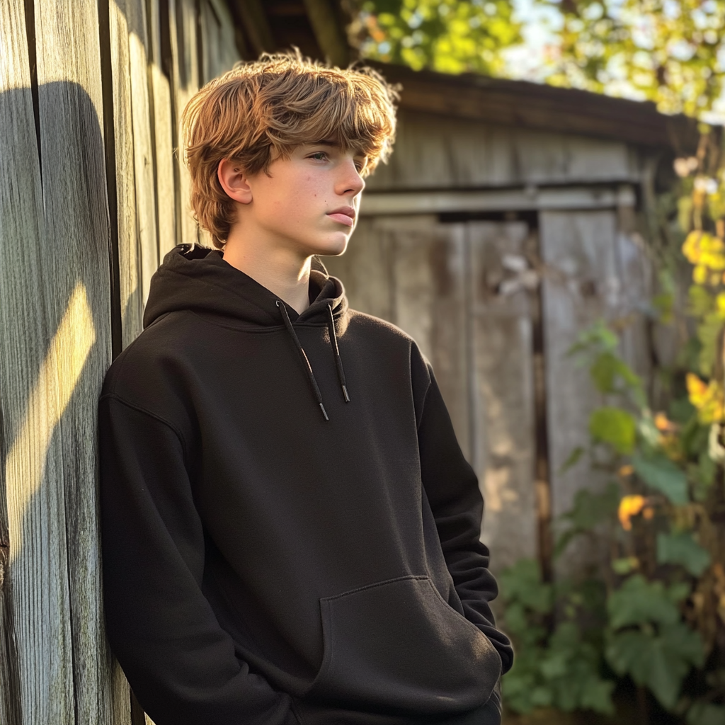 Ein Jugendlicher lehnt an einem Schuppen | Quelle: Midjourney