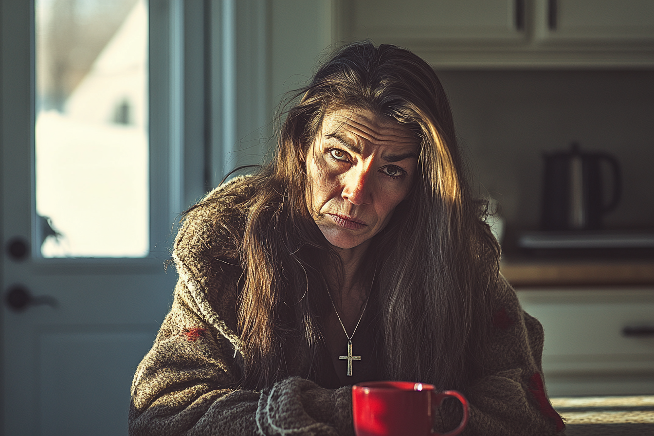 Eine Frau in den 60ern sitzt traurig an einem Küchentisch mit einer Tasse Tee | Quelle: Midjourney