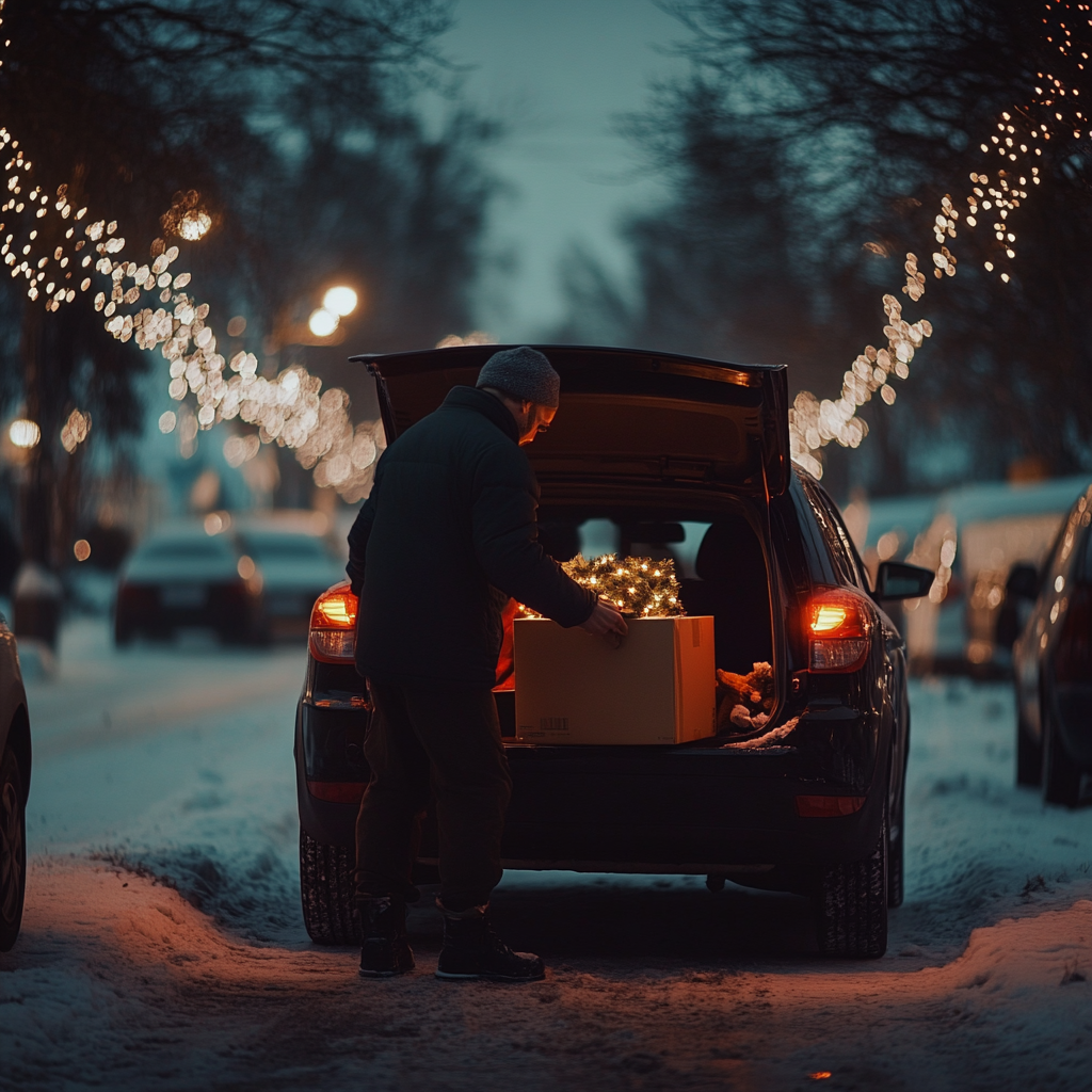 Ein Mann packt eine Kiste in sein Auto | Quelle: Midjourney