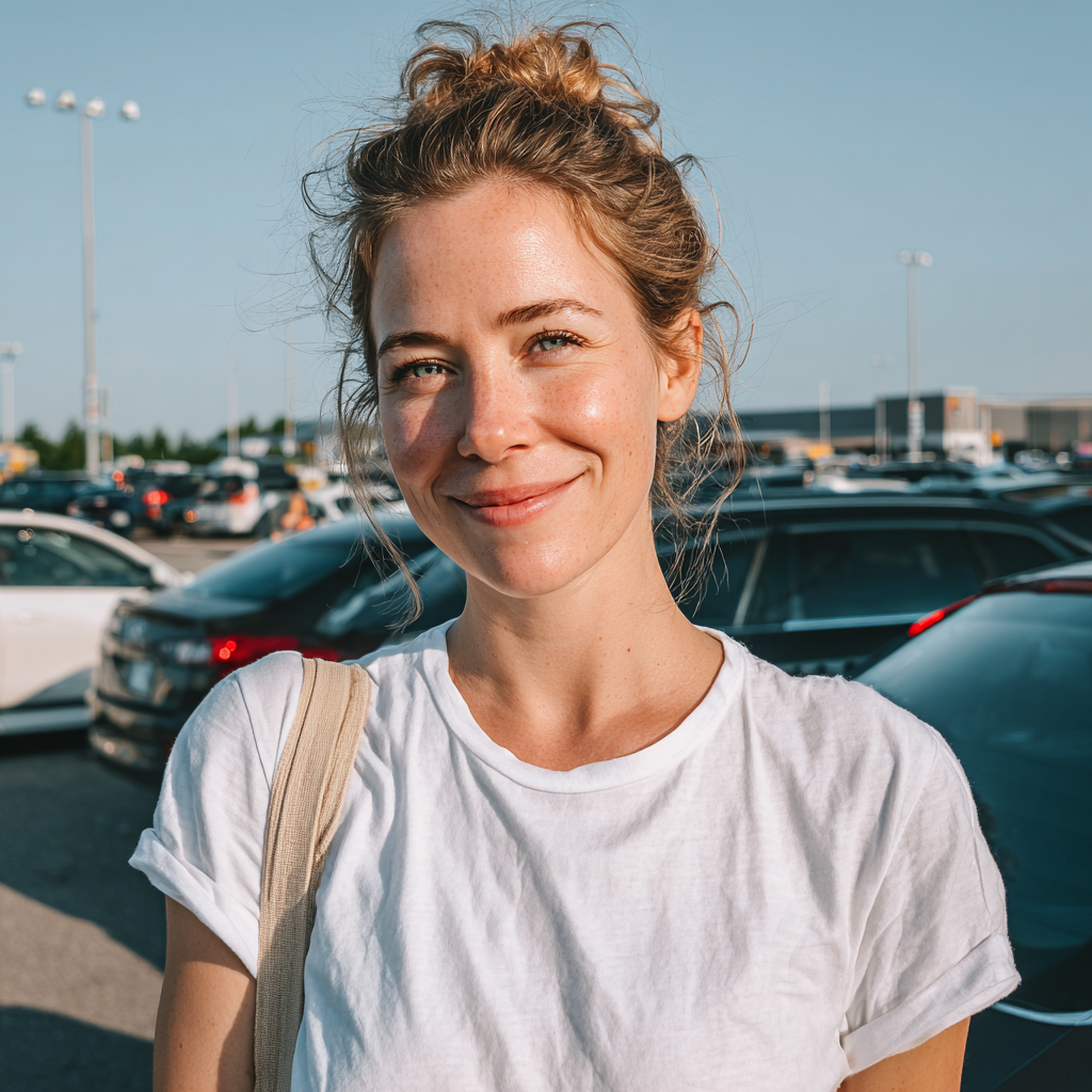 Eine lächelnde Frau, die auf einem Parkplatz steht | Quelle: Midjourney