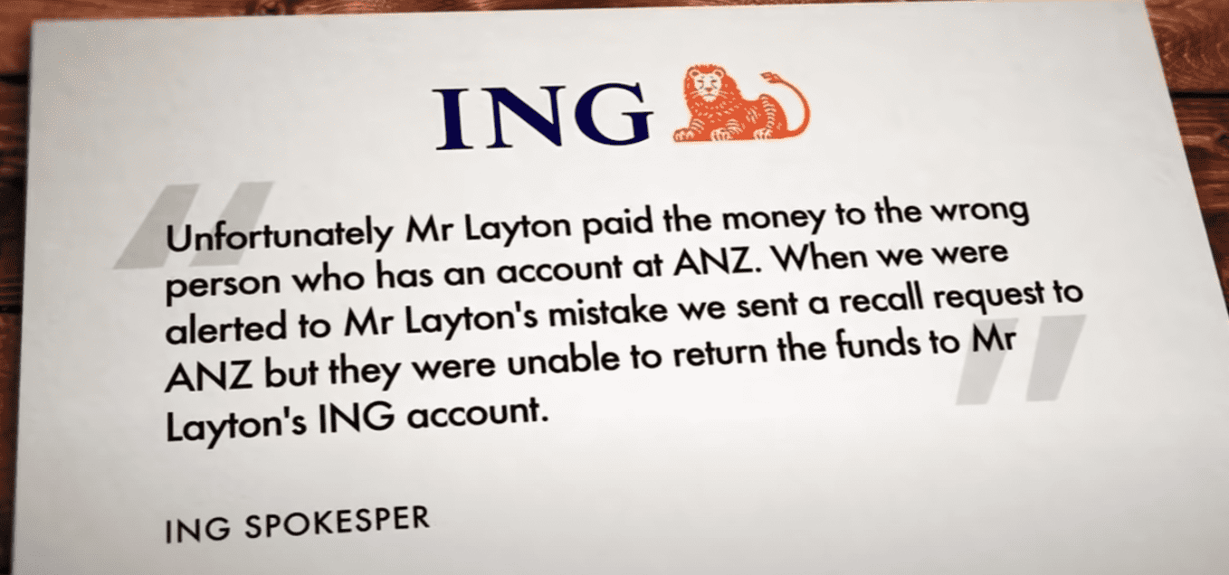 Ein Brief der Bank, der besagt, dass sie das Geld des älteren Mannes nicht zurückgeben können, nachdem er es auf das falsche Konto überwiesen hat. | Quelle: Youtube/A Current Affair
