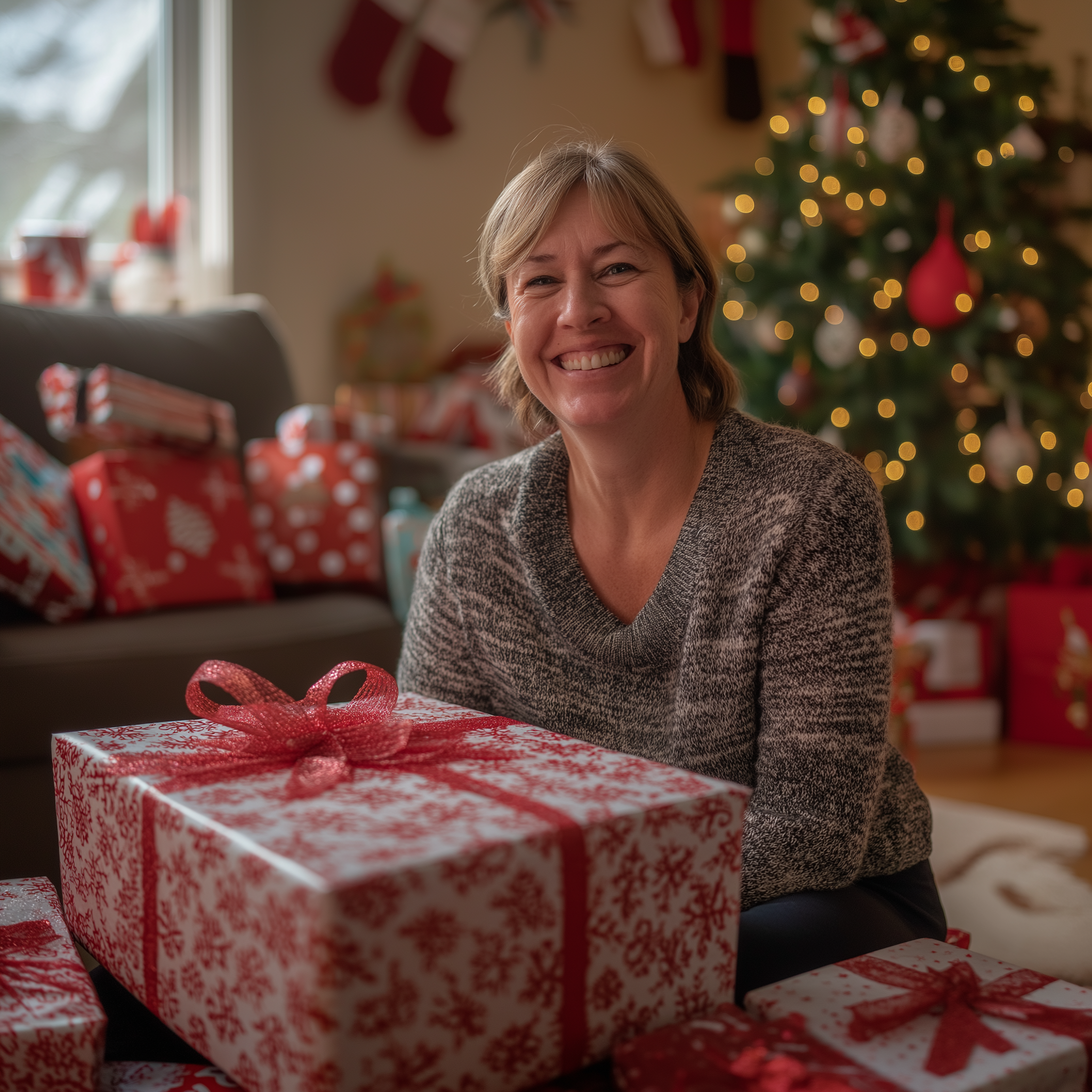 Eine Frau wird glücklich und emotional, während sie von Weihnachtsgeschenken umgeben ist | Quelle: Midjourney