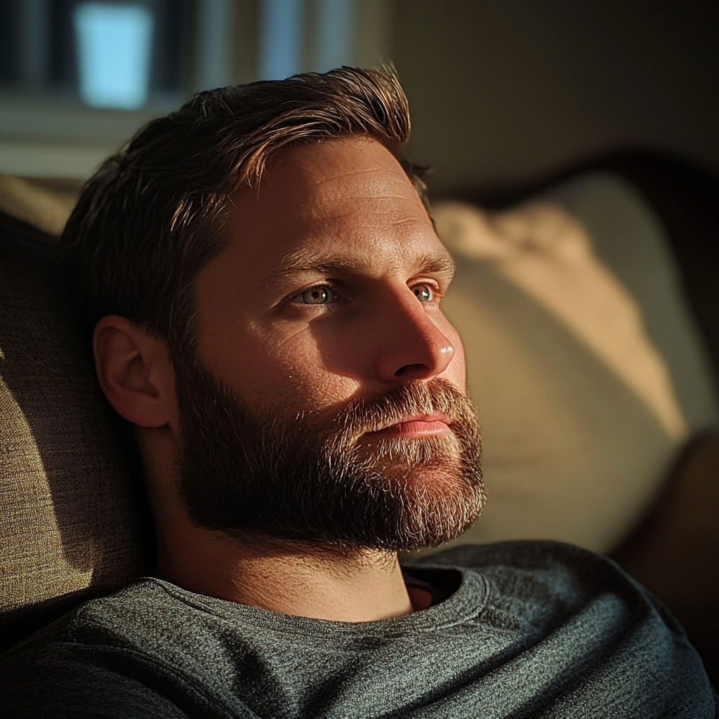 Ein nachdenklicher Mann sitzt auf einer Couch | Quelle: Midjourney