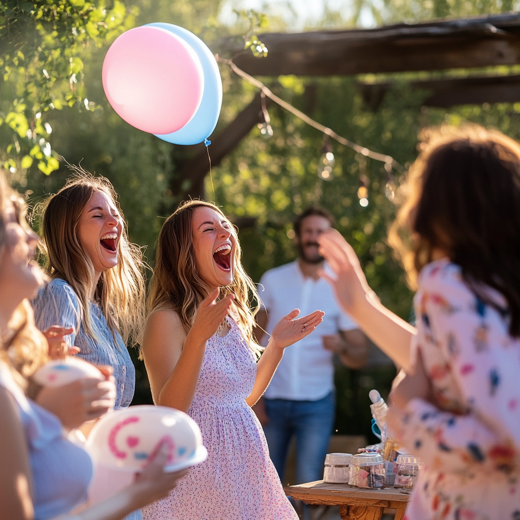 Aufgeregte Gäste bei einer Gender-Reveal-Party im Freien | Quelle: Midjourney