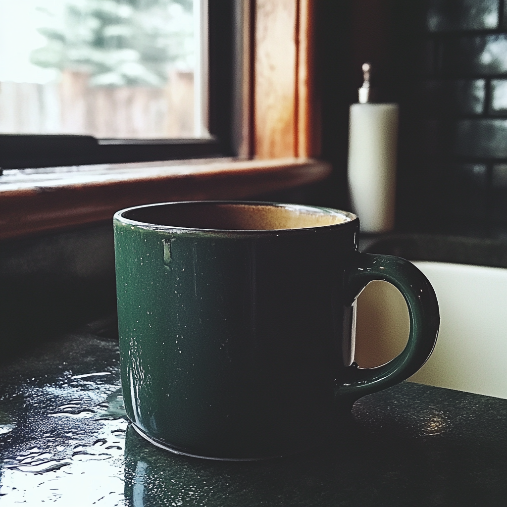 Ein grüner Becher auf einer Küchentheke | Quelle: Midjourney