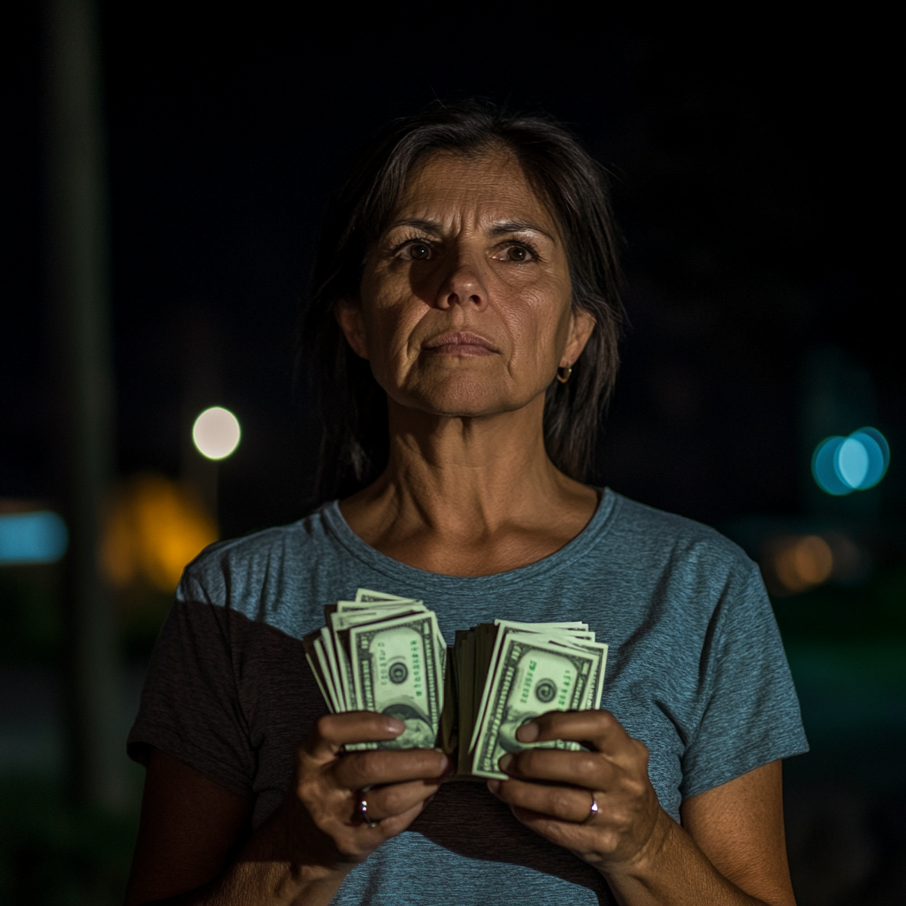 Eine Frau hält ein Bündel Bargeld in der Hand | Quelle: Midjourney