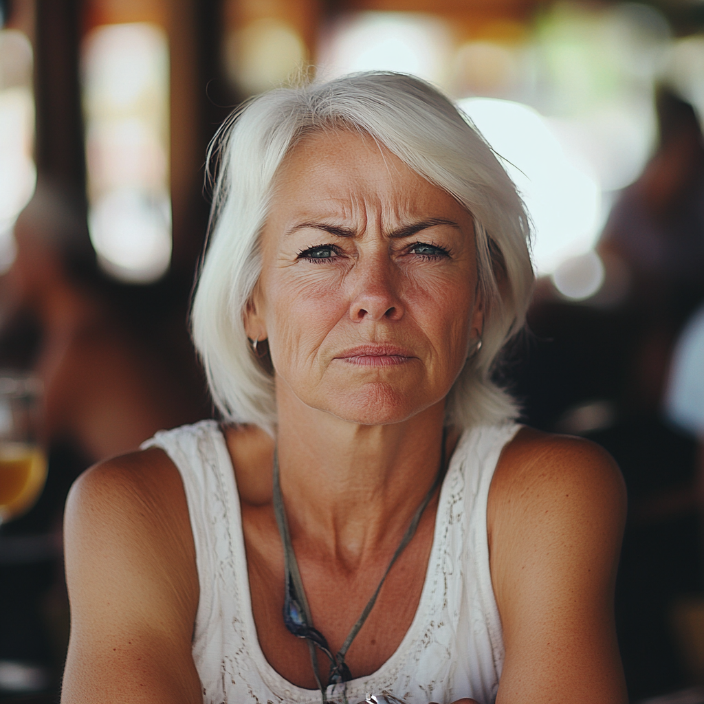 Eine wütende Frau mittleren Alters in einem Cafe | Quelle: Midjourney