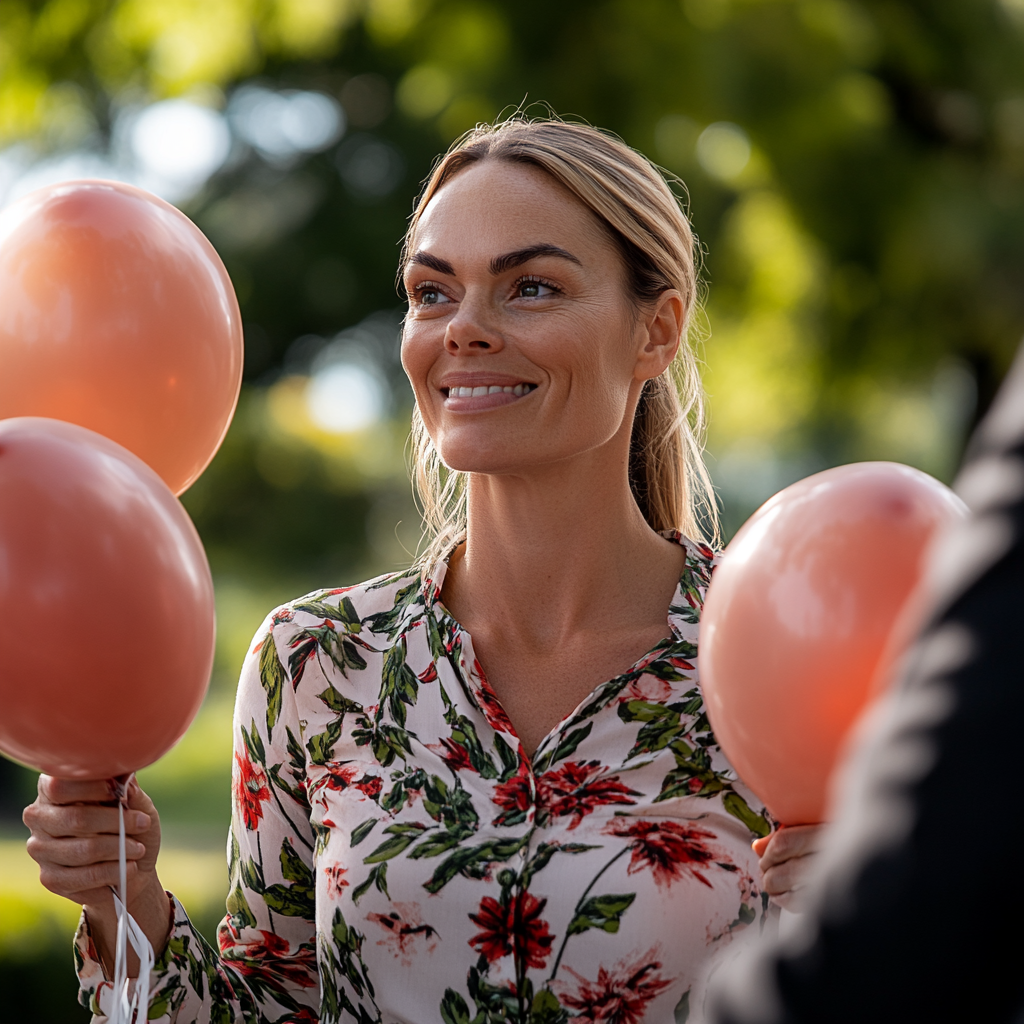 Eine Frau, die Luftballons hält, lächelt, während sie jemanden ansieht | Quelle: Midjourney