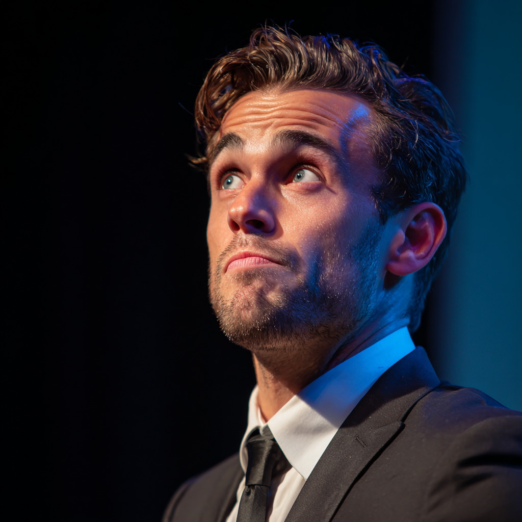 Eine Nahaufnahme eines verlegenen Mannes | Quelle: Midjourney