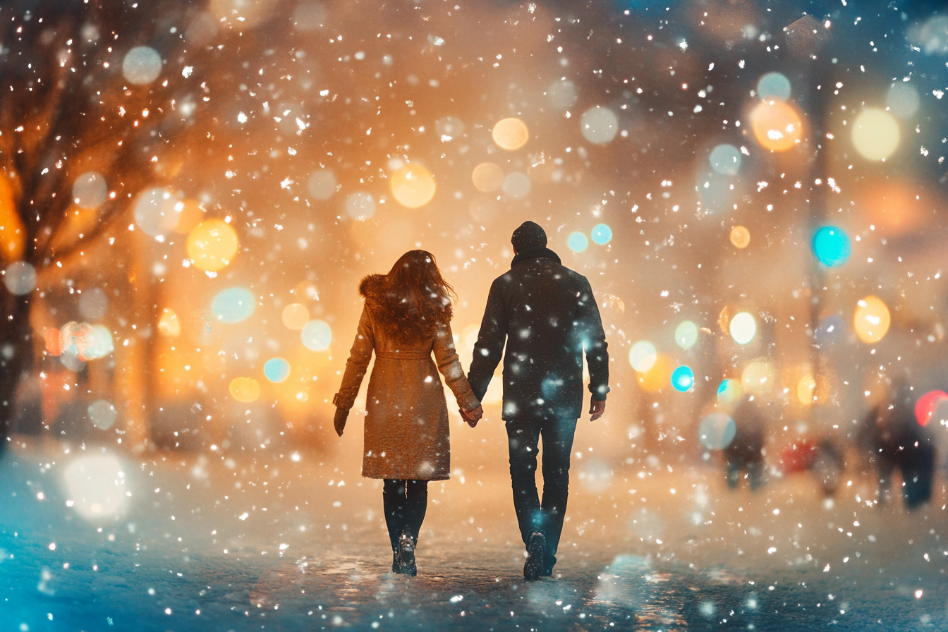 Um casal caminhando na neve | Fonte: Midjourney