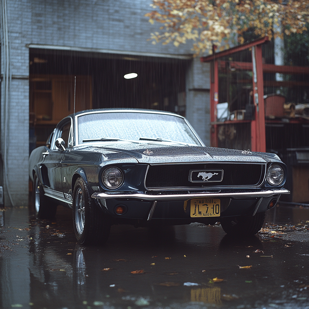 Ein vor einer Werkstatt geparkter Ford Mustang | Quelle: Midjourney